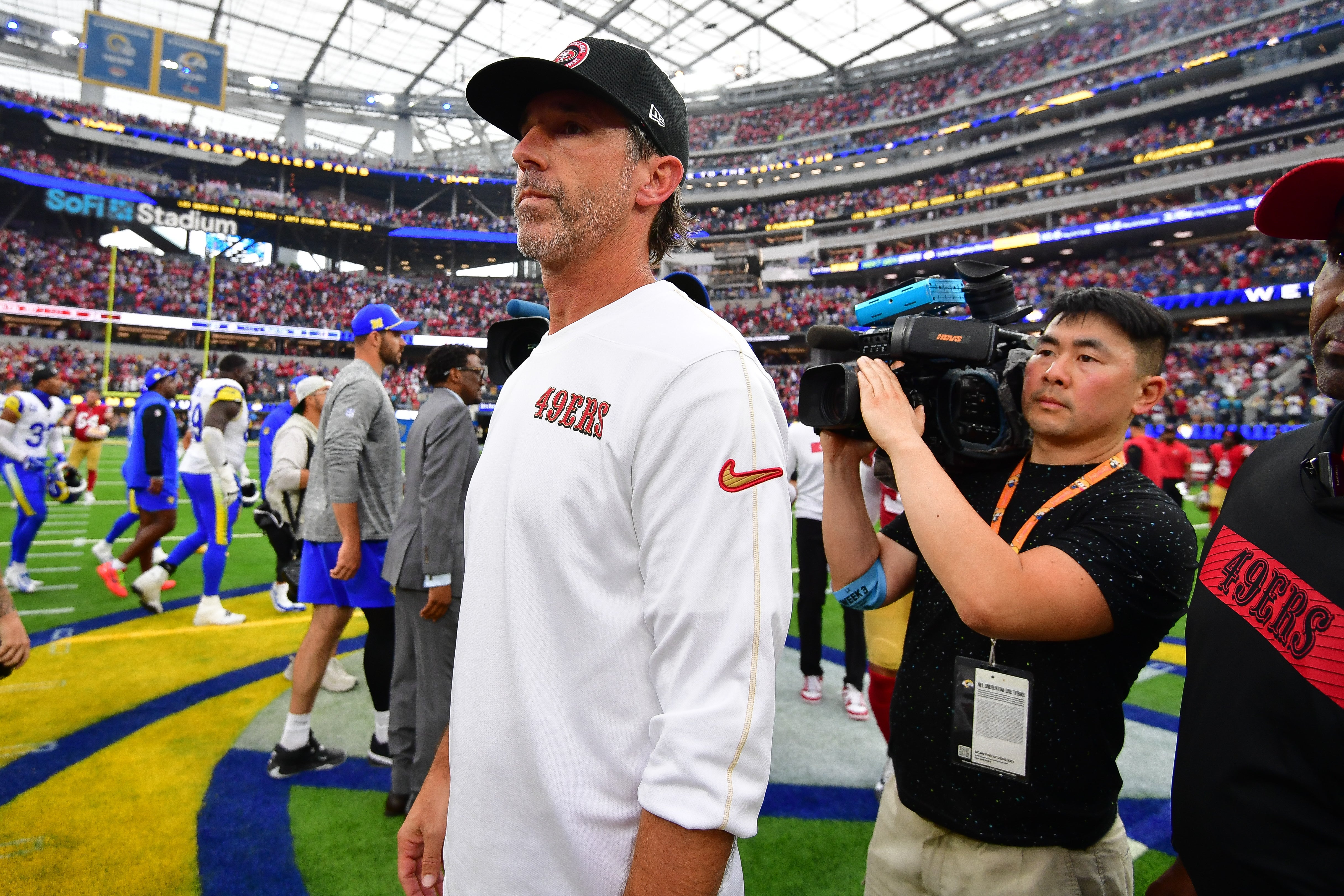 San Francisco 49ers head coach Kyle Shanahan reacts following the loss against the Los Angeles Rams at SoFi Stadium.