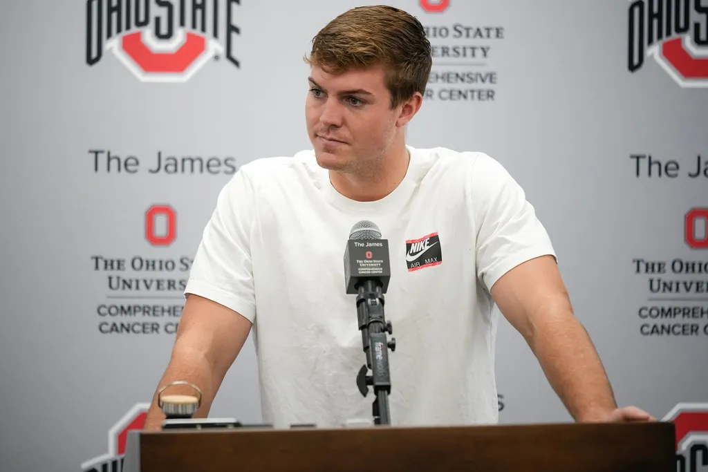 Sep 17, 2024; Columbus, Ohio, USA; Ohio State quarterback Will Howard speaks during a press conference at Woody Hayes Athletic Center.