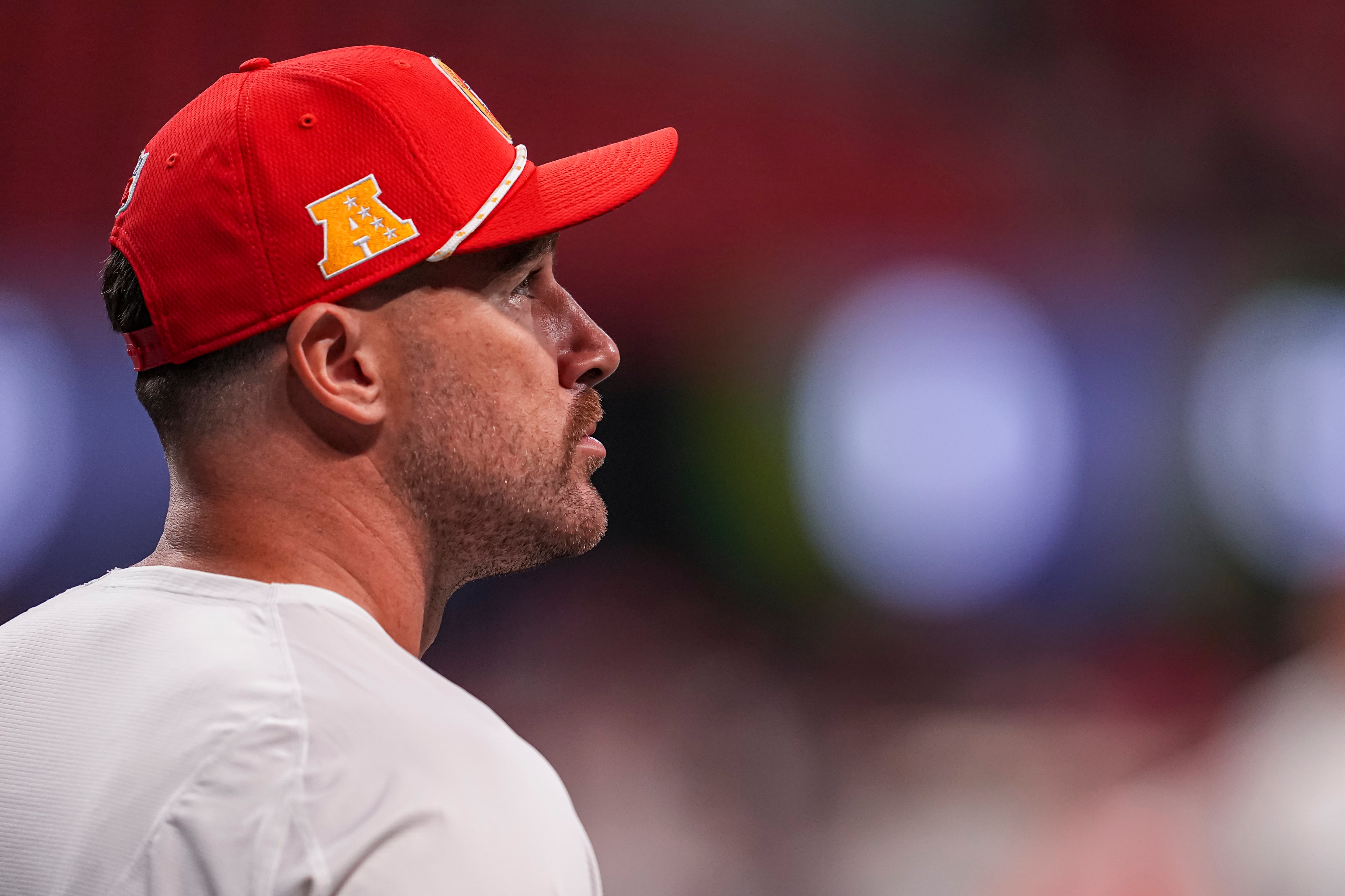 Sep 22, 2024; Atlanta, Georgia, USA; Kansas City Chiefs tight end Travis Kelce (87) on the field prior to the game against the Atlanta Falcons at Mercedes-Benz Stadium.