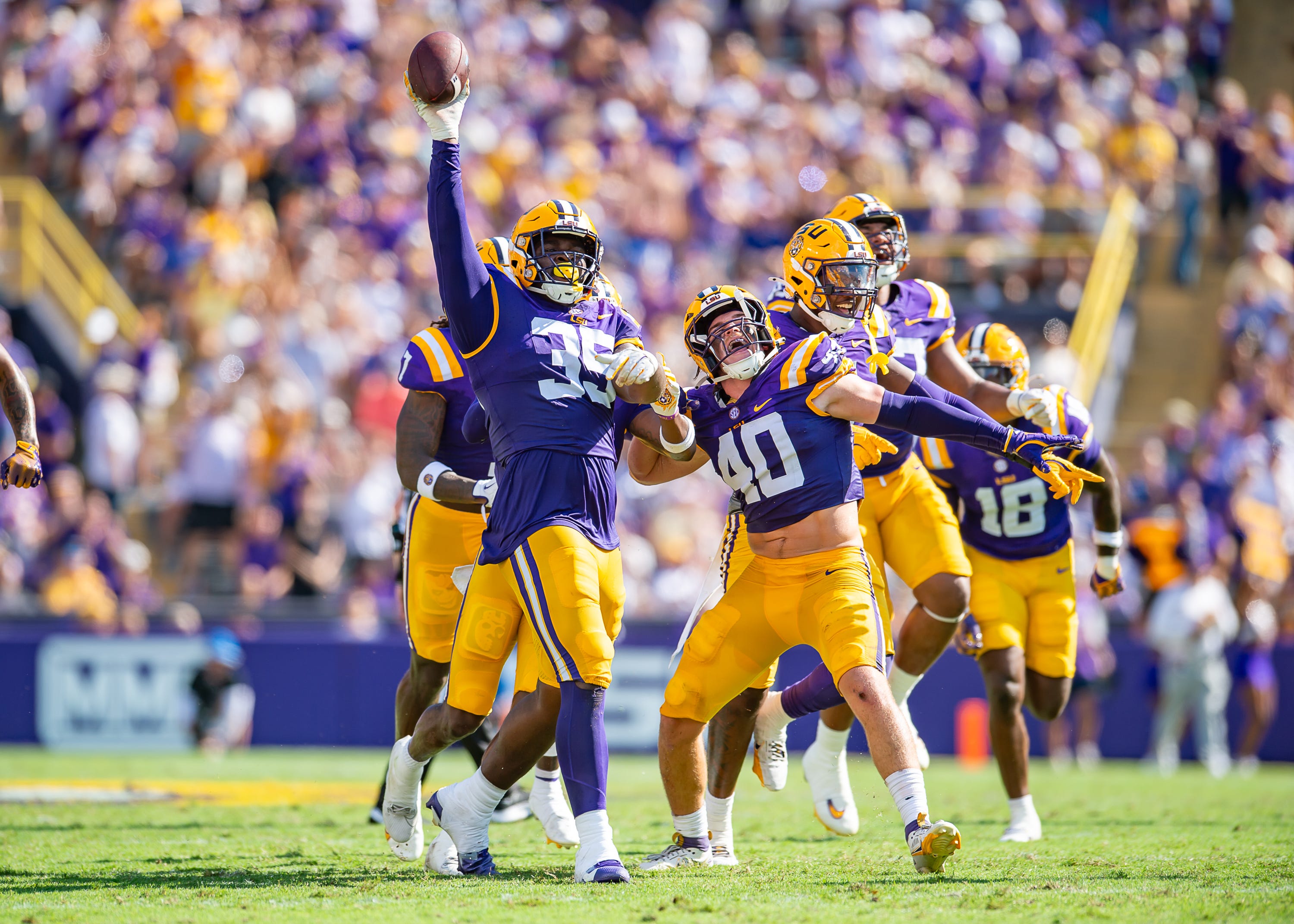 Tigers Saivion Jones 35 and Whit Weeks 40 celebrate after a fumble recovery as the LSU Tigers take on UCLA at Tiger Stadium in Baton Rouge, LA. Saturday, Sept. 21, 2024.