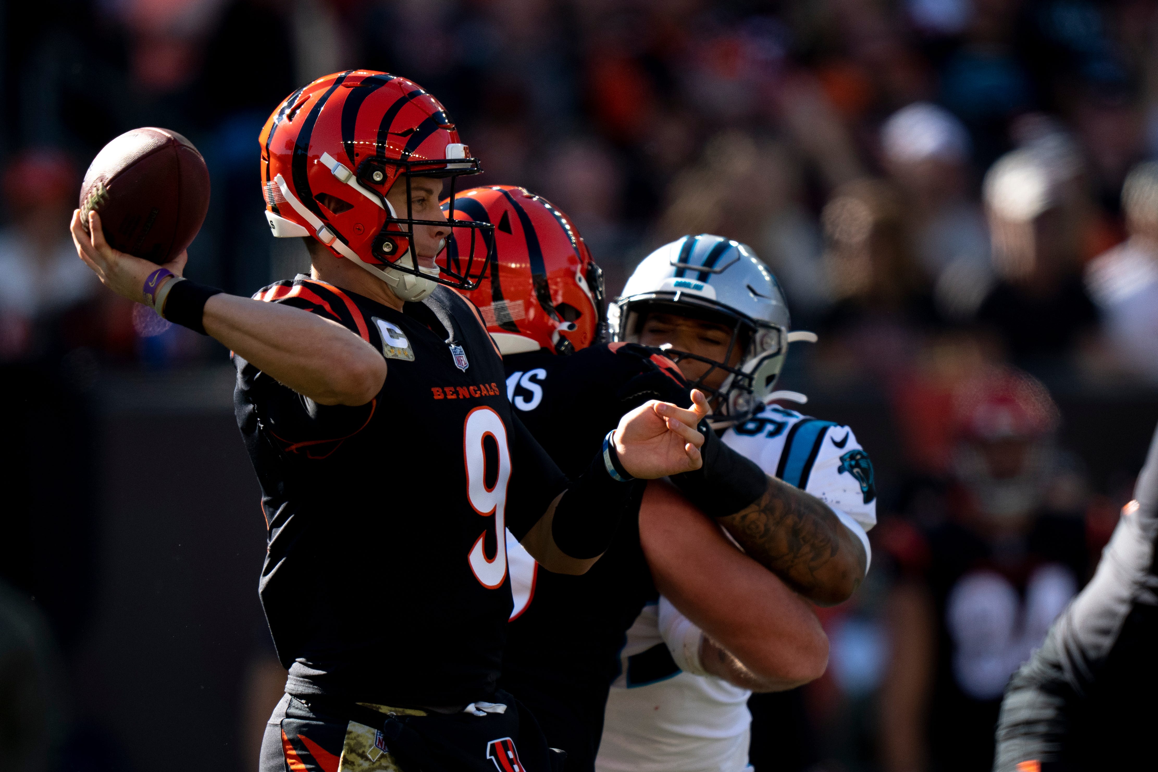 Cincinnati Bengals quarterback Joe Burrow (9) throws a pass in the first quarter during a Week 9 NFL game, Sunday, Nov. 6, 2022, at Paycor Stadium in Cincinnati.