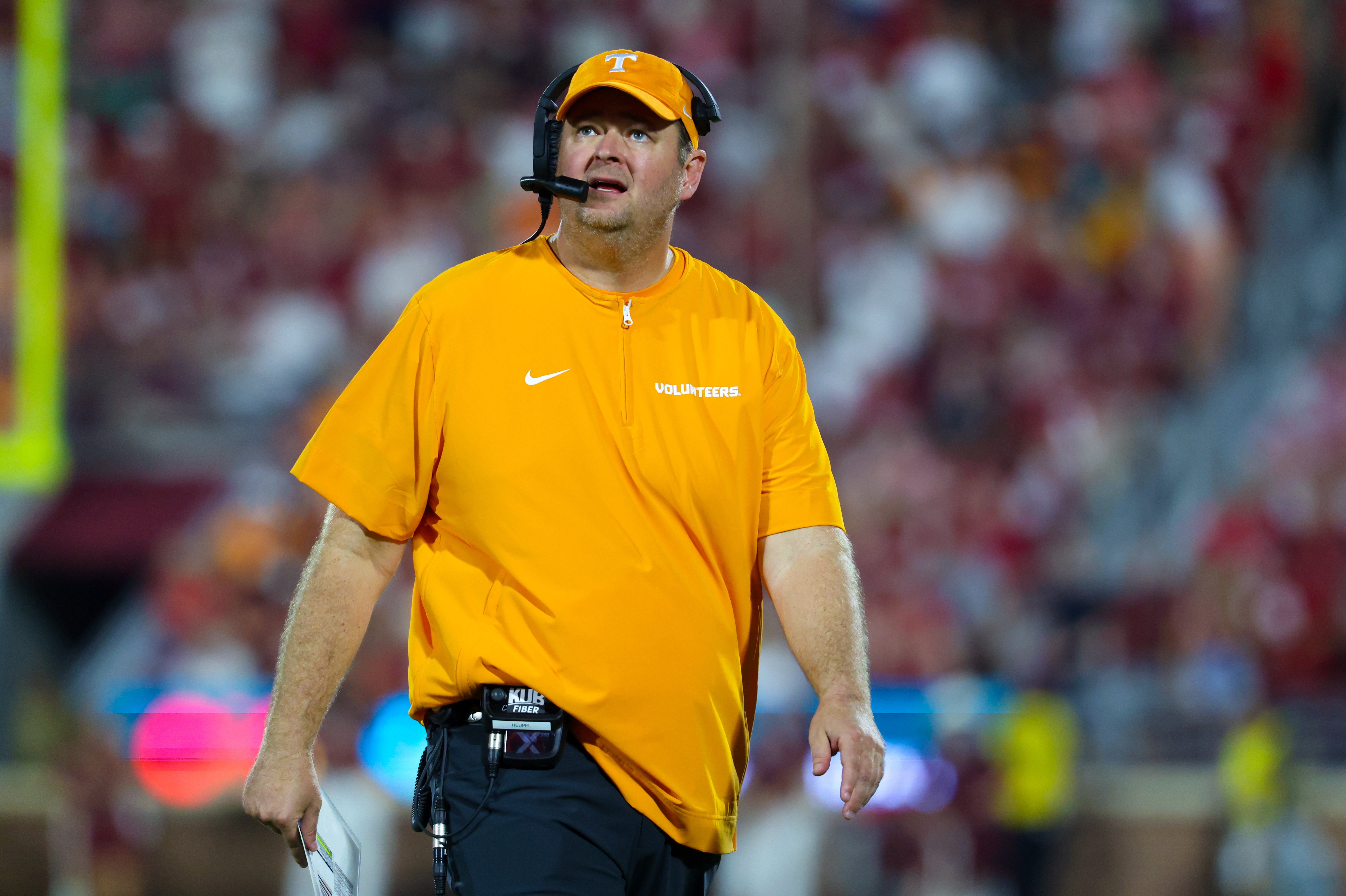 Sep 21, 2024; Norman, Oklahoma, USA; Tennessee Volunteers head coach Josh Heupel reacts during the second half against the Oklahoma Sooners at Gaylord Family-Oklahoma Memorial Stadium.