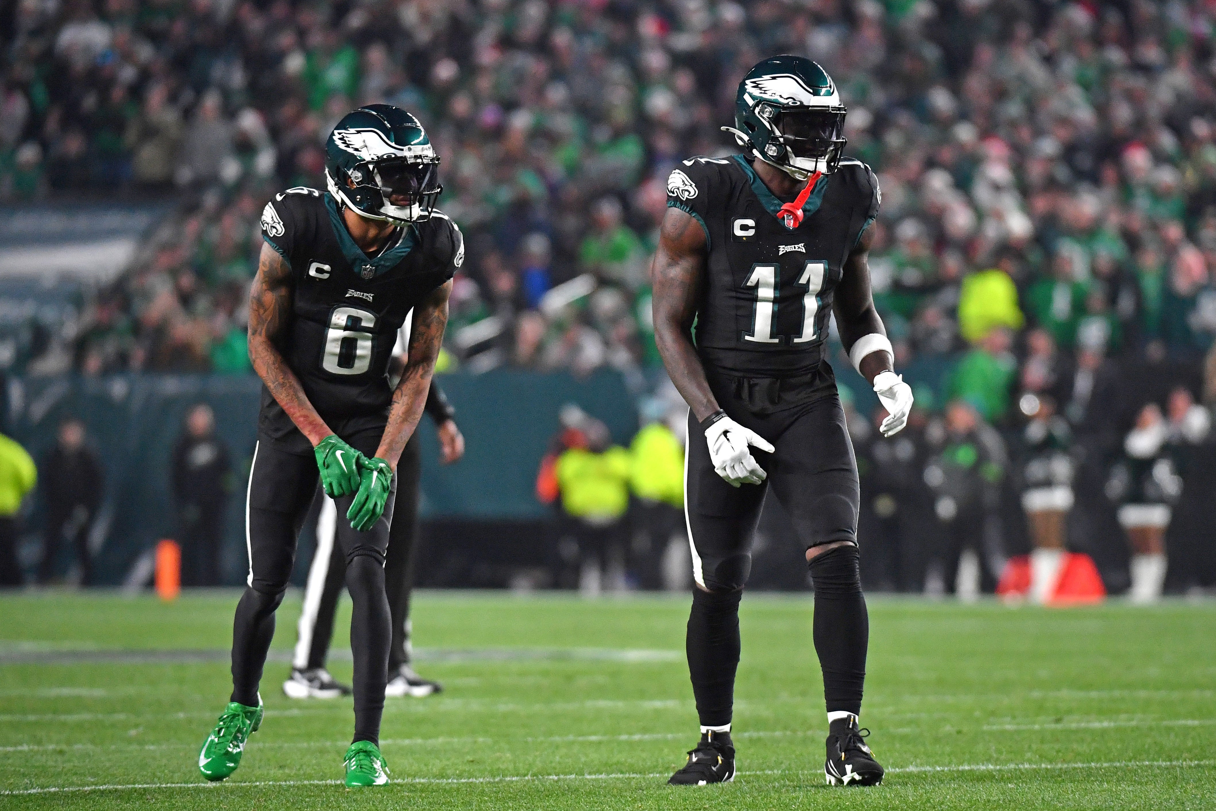 Philadelphia Eagles wide receiver DeVonta Smith (6) and wide receiver A.J. Brown (11) against the New York Giants at Lincoln Financial Field.