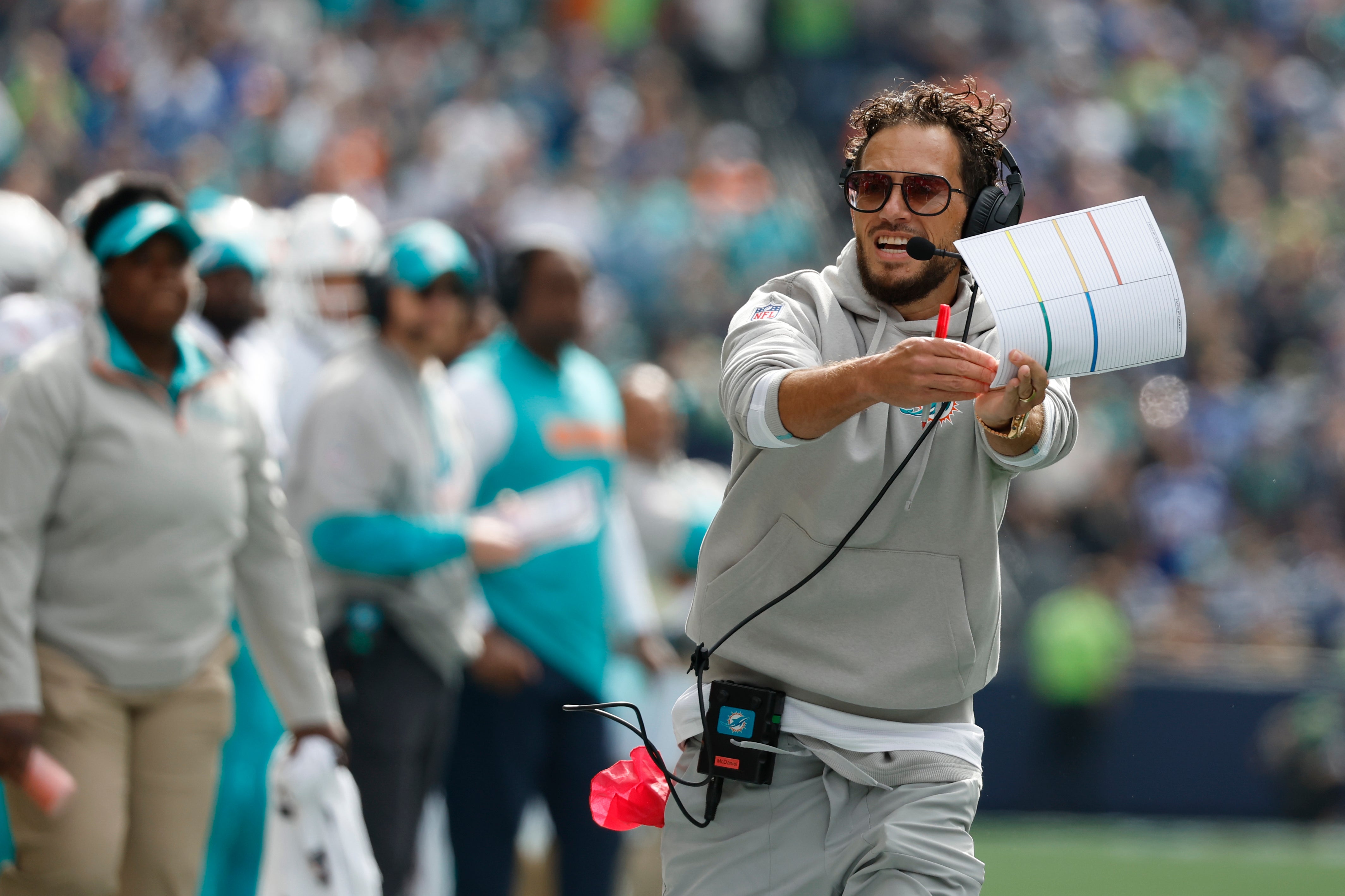 Sep 22, 2024; Seattle, Washington, USA; Miami Dolphins head coach Mike McDaniel calls a timeout during the first quarter against the Seattle Seahawks at Lumen Field.