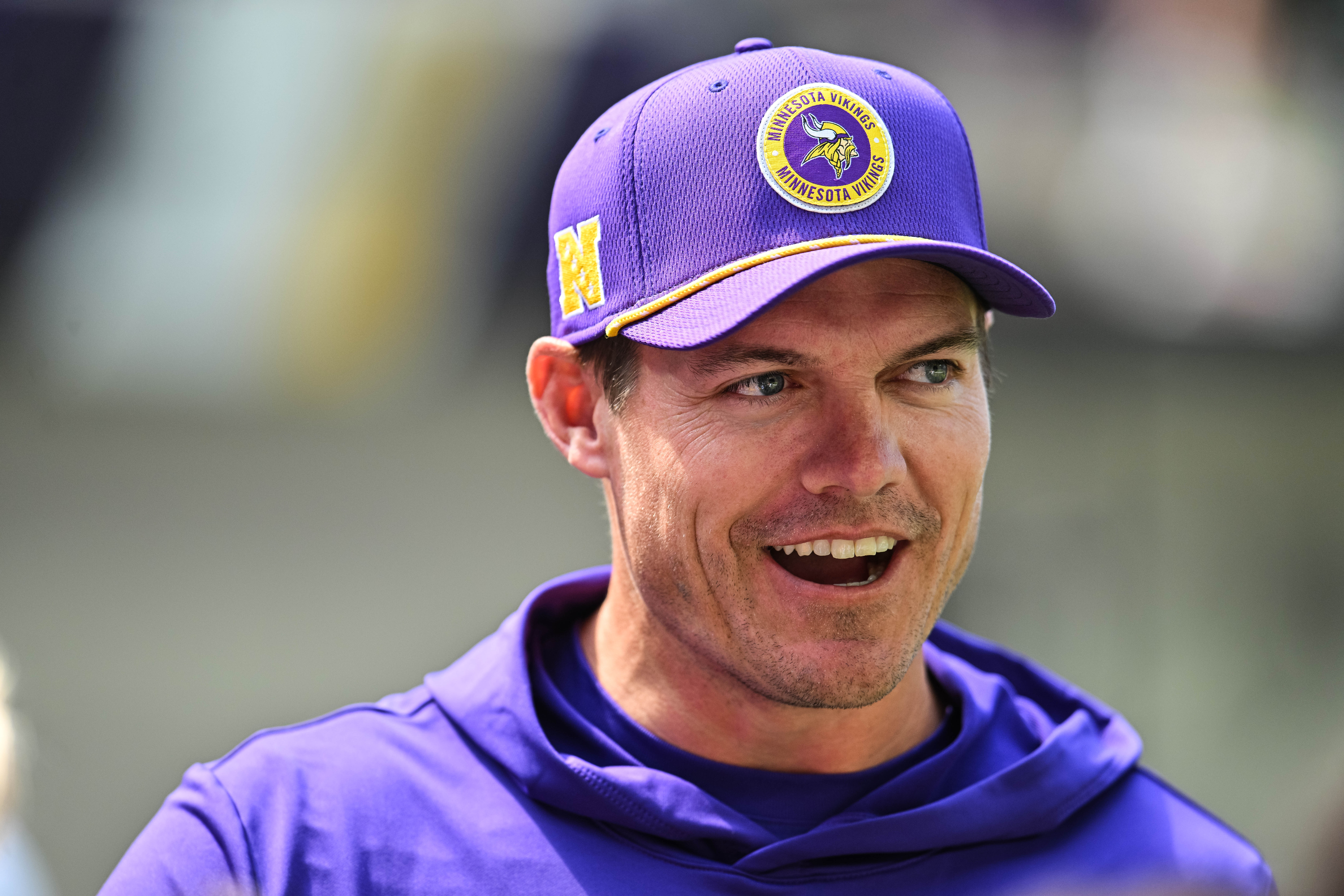 Aug 10, 2024; Minneapolis, Minnesota, USA; Minnesota Vikings head coach Kevin O'Connell looks on before the game against the Las Vegas Raiders at U.S. Bank Stadium.