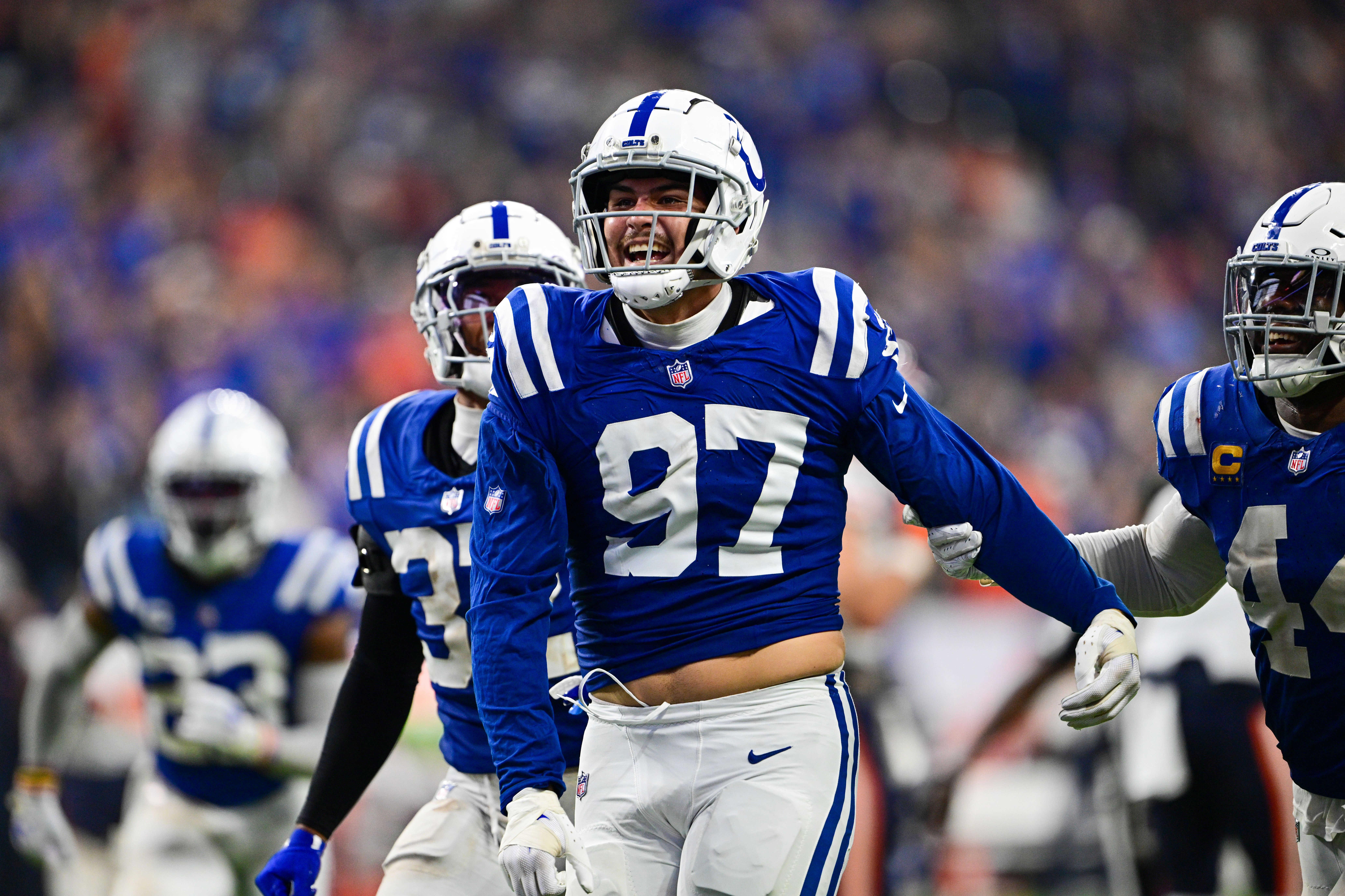 Sep 22, 2024; Indianapolis, Indiana, USA; Indianapolis Colts defensive end Laiatu Latu (97) celebrates a sack during the second half against the Chicago Bears at Lucas Oil Stadium.