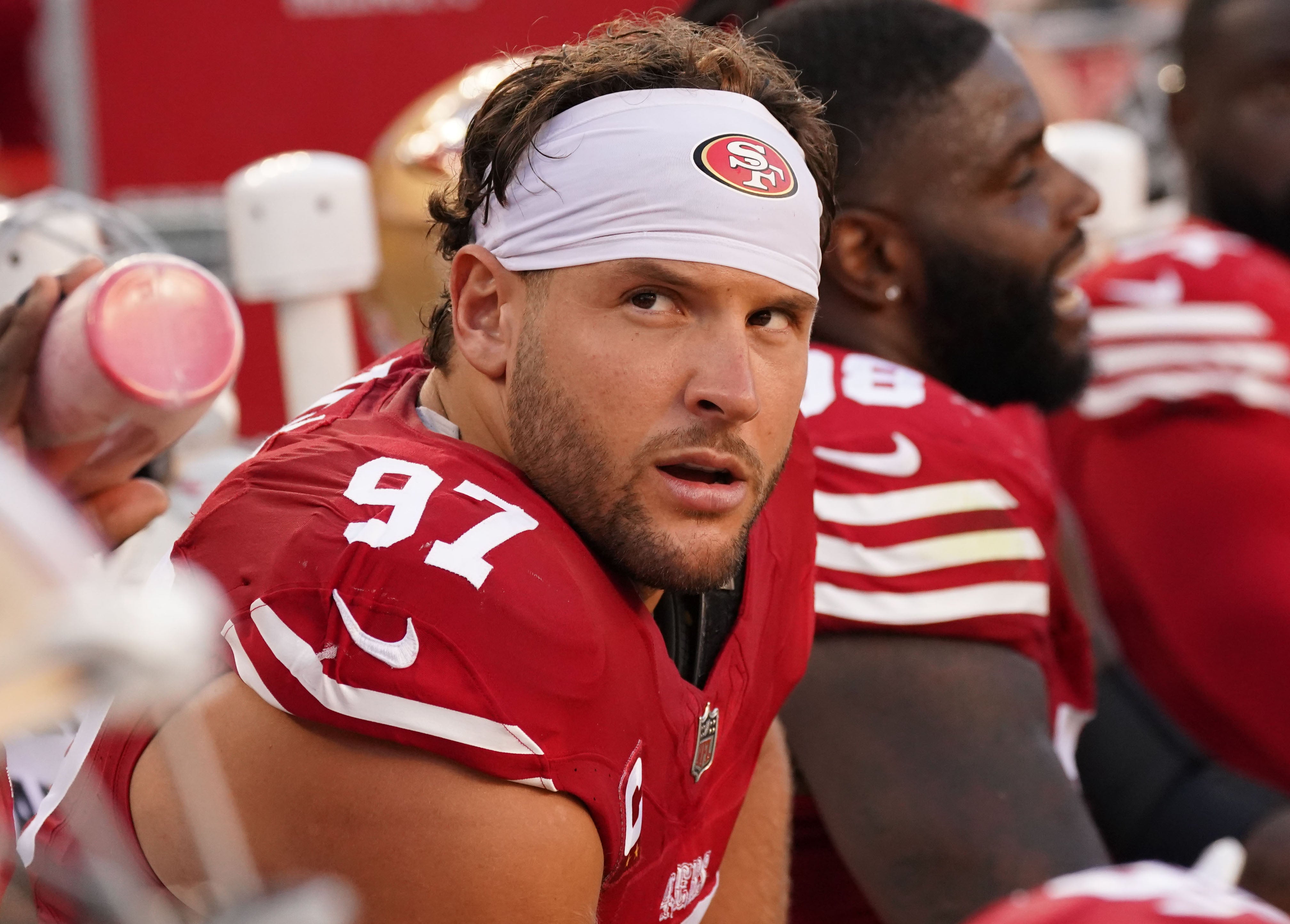 Sep 9, 2024; Santa Clara, California, USA; San Francisco 49ers defensive end Nick Bosa (97) on the sideline during the second quarter against the New York Jets at Levi's Stadium.