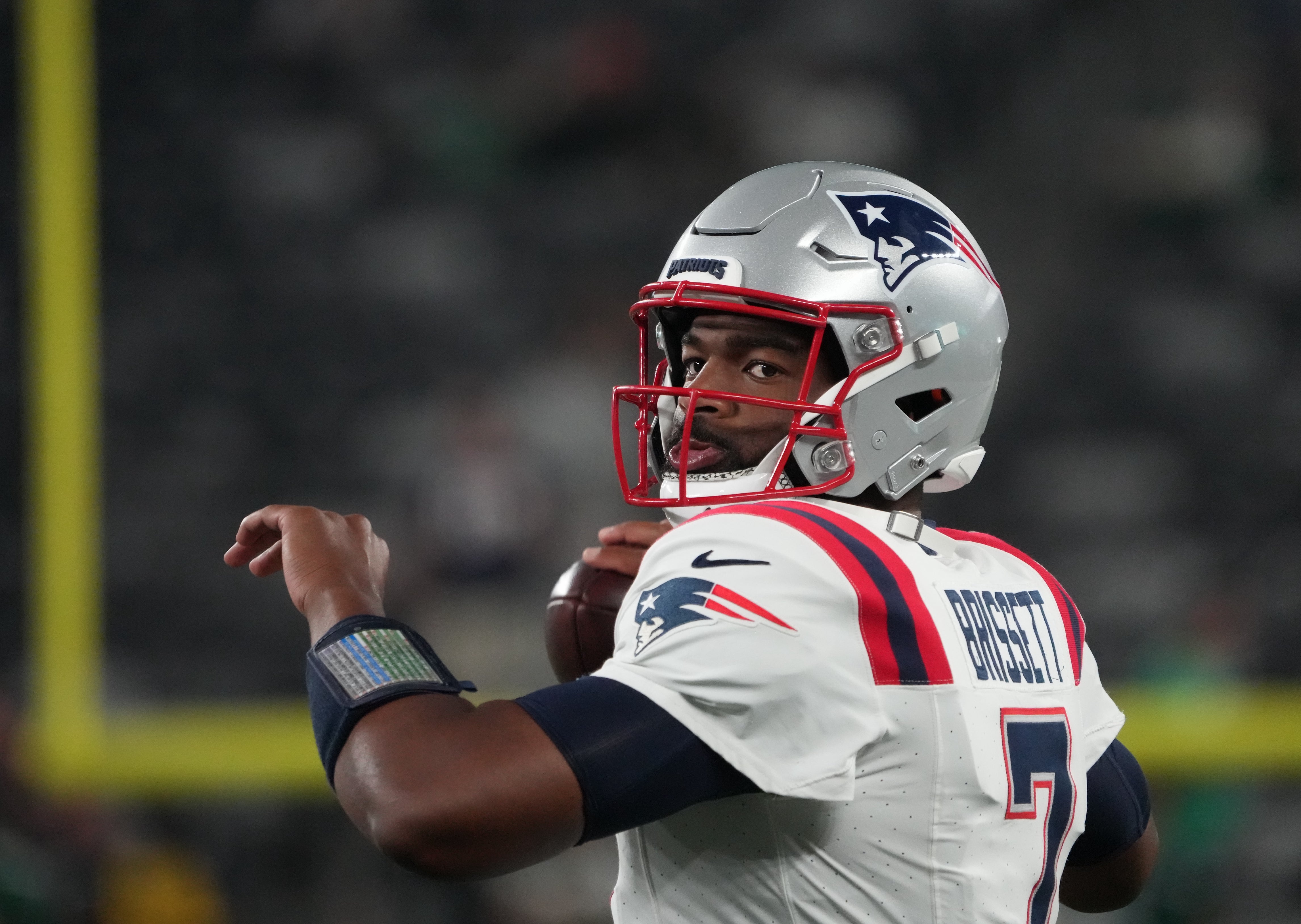 Sep 19, 2024; East Rutherford, New Jersey, USA; New England Patriots quarterback Jacoby Brissett (7) pre game against the New York Jets at MetLife Stadium.