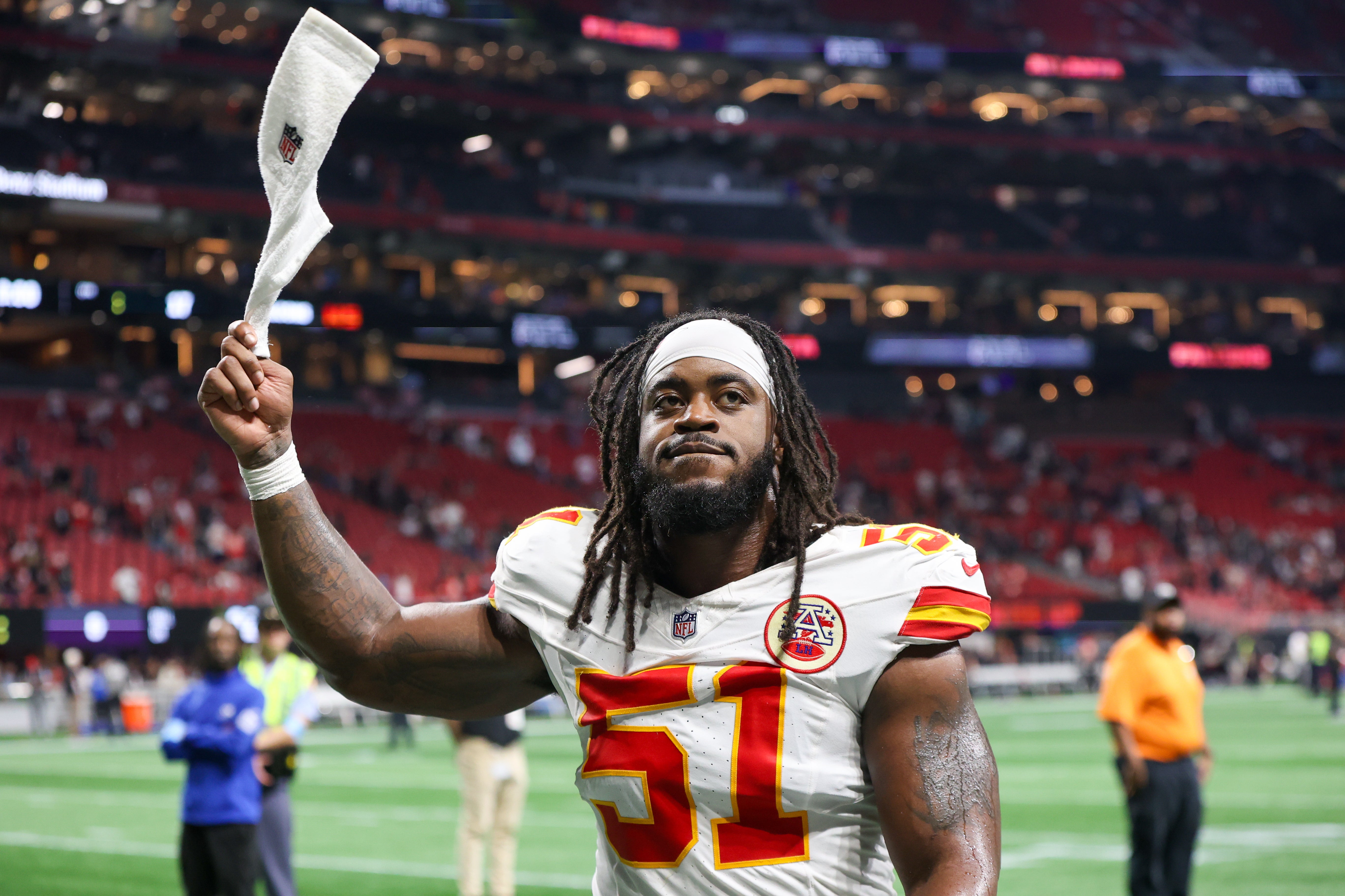 Sep 22, 2024; Atlanta, Georgia, USA; Kansas City Chiefs defensive end Mike Danna (51) celebrates after a victory over the Atlanta Falcons at Mercedes-Benz Stadium.