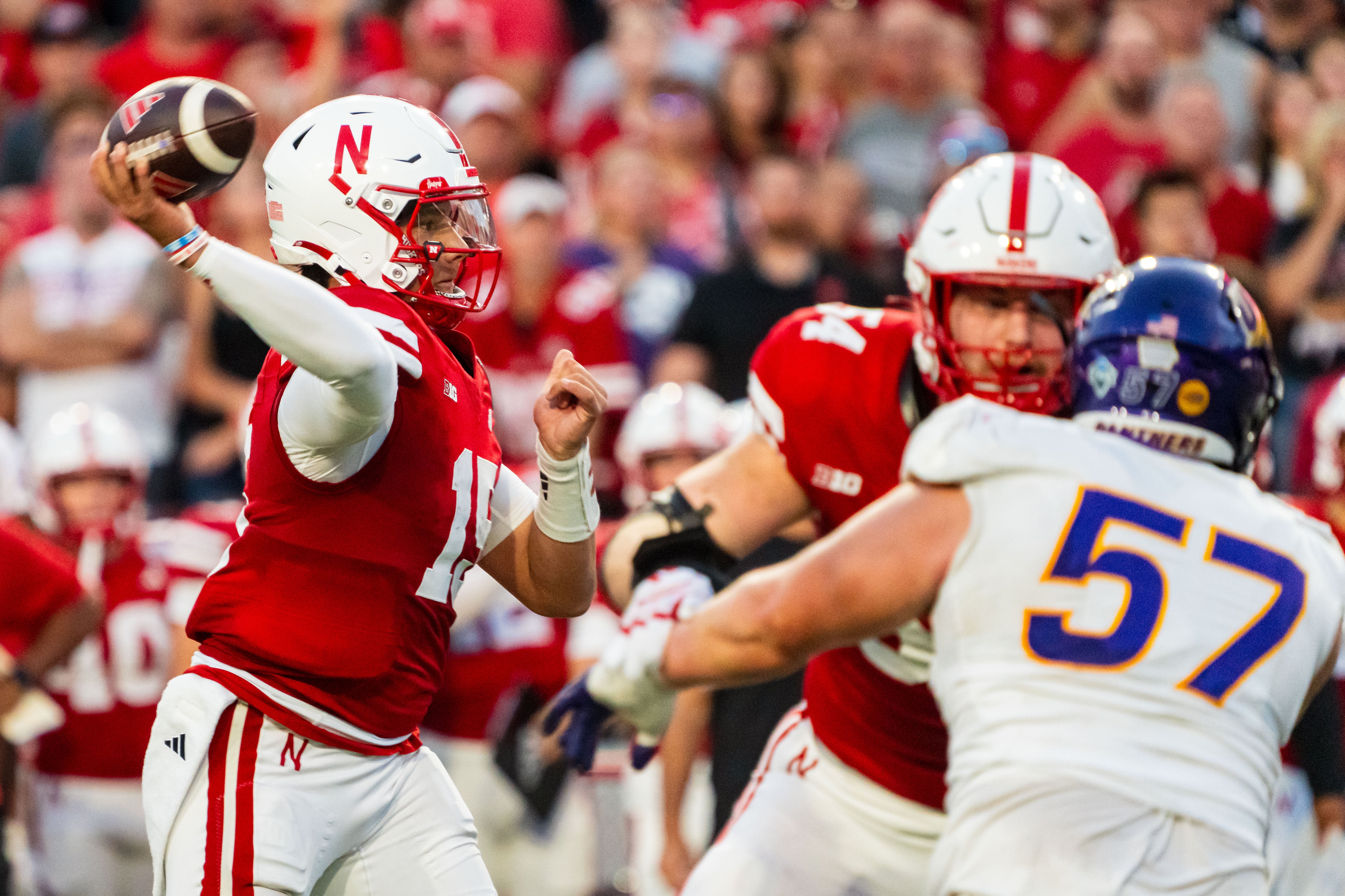 Nebraska Cornhuskers quarterback Dylan Raiola (15) passes against the Northern Iowa Panthers during the second quarter at Memorial Stadium.