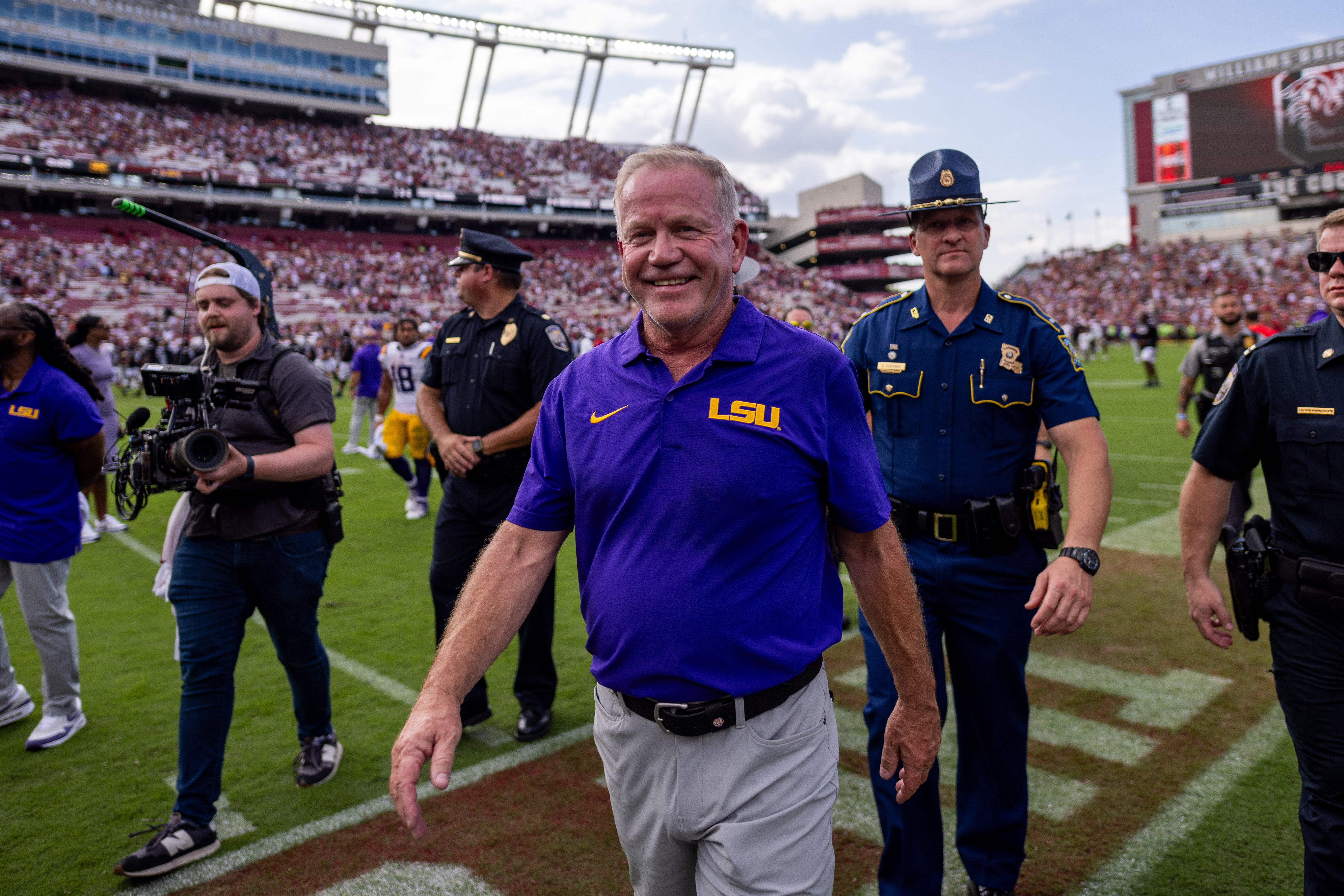 Sep 14, 2024; Columbia, South Carolina, USA; LSU Tigers head coach Brian Kelly smiles after defeating the South Carolina Gamecocks at Williams-Brice Stadium.