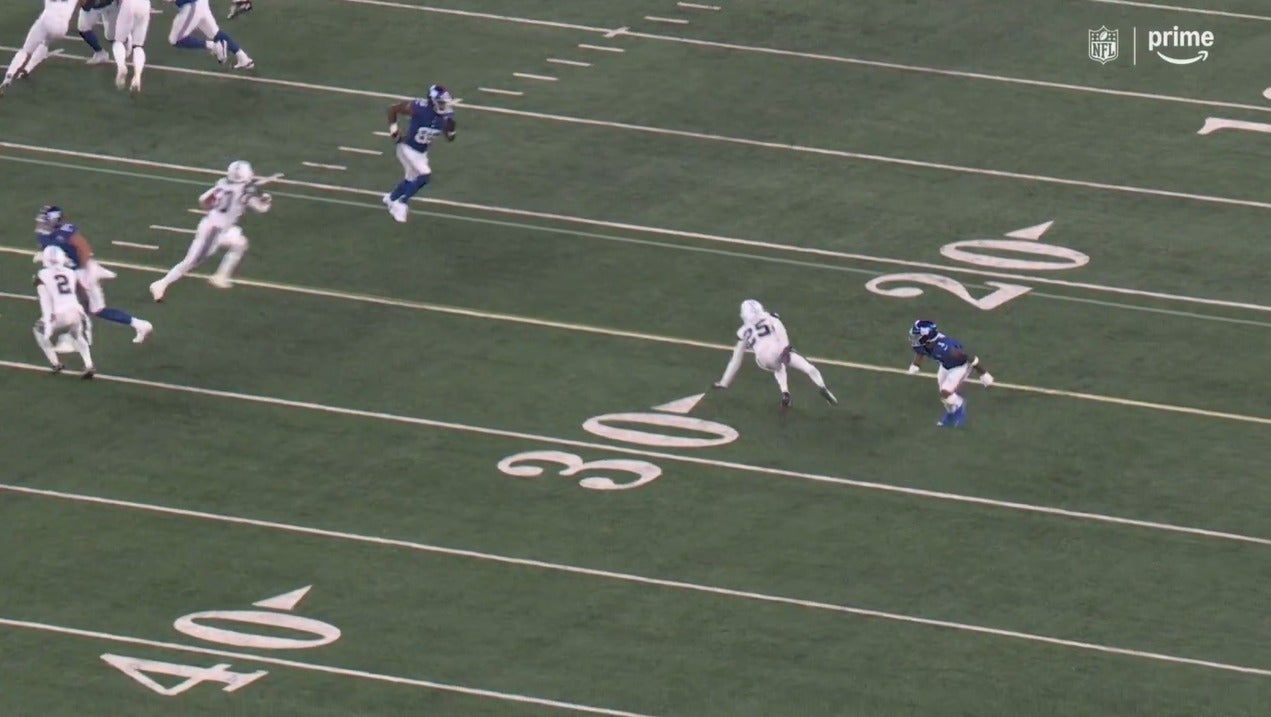 New York Giants WR Malik Nabers (1) fools Dallas Cowboys CB Andrew Booth Jr. on a double-move in the first quarter of their Thursday Night Football matchup.