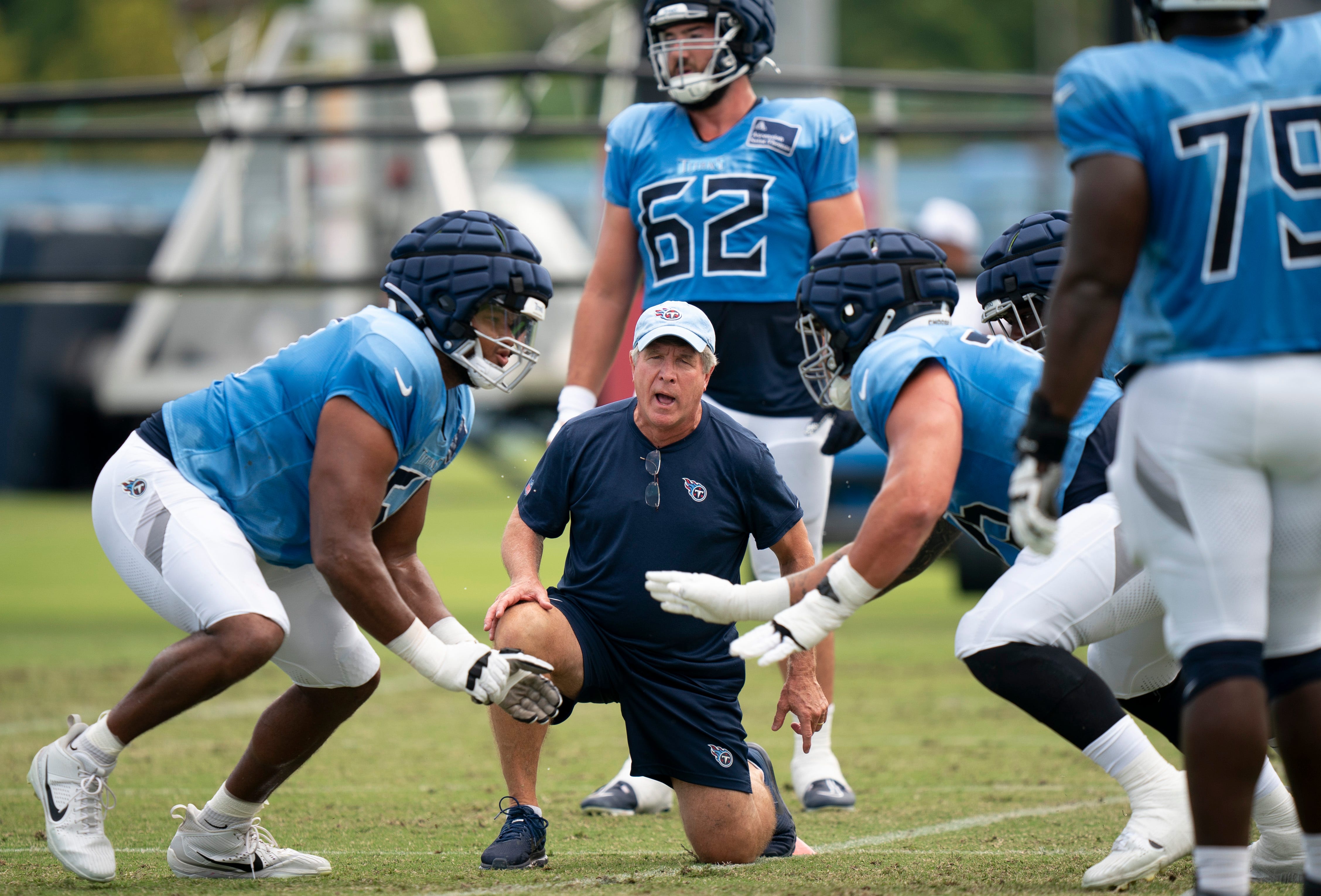 Tennessee Titans Offensive Line Coach Bill Callahan runs drills at Ascension Saint Thomas Sports Park in Nashville, Tenn., Wednesday, Aug. 14 2024. This is the first day of the Titans joint practice with the Seattle Seahawks.