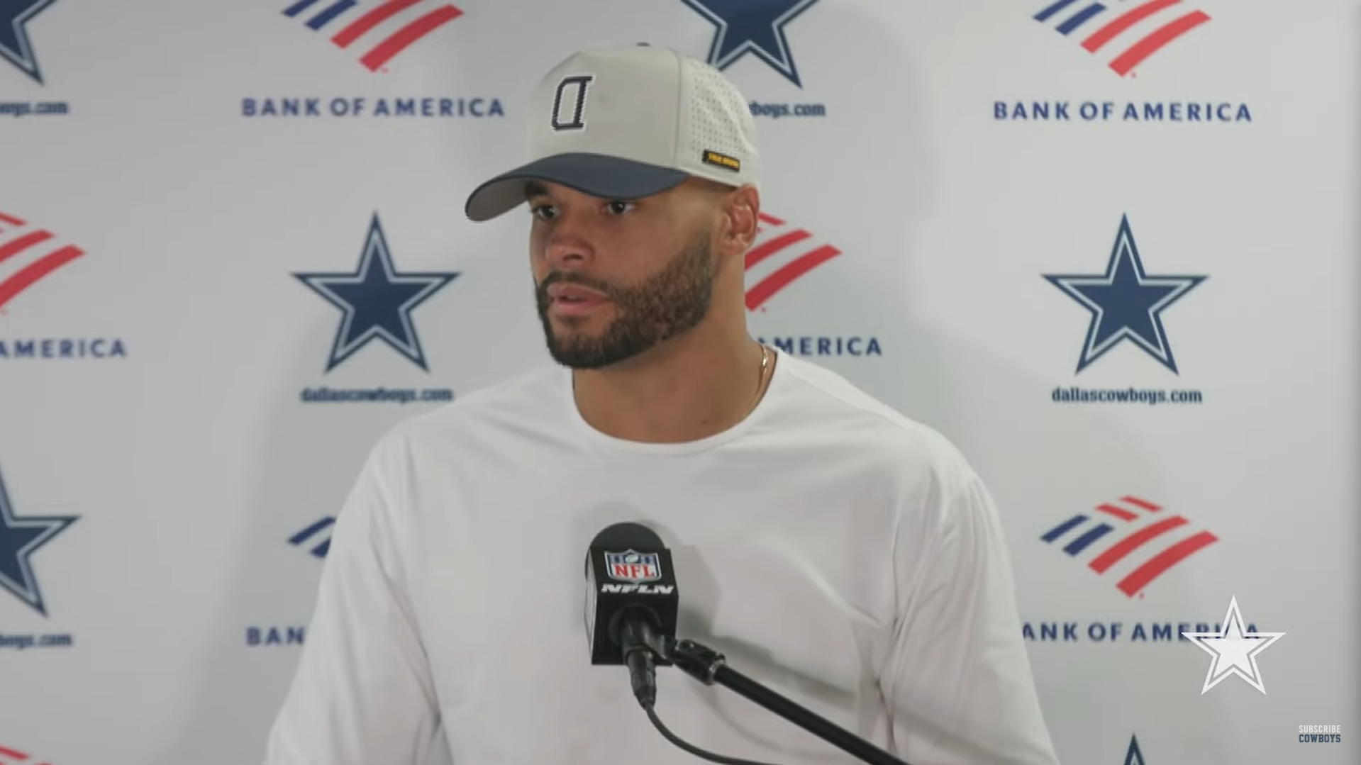 Dallas Cowboys quarterback Dak Prescott talks to reporters postgame.