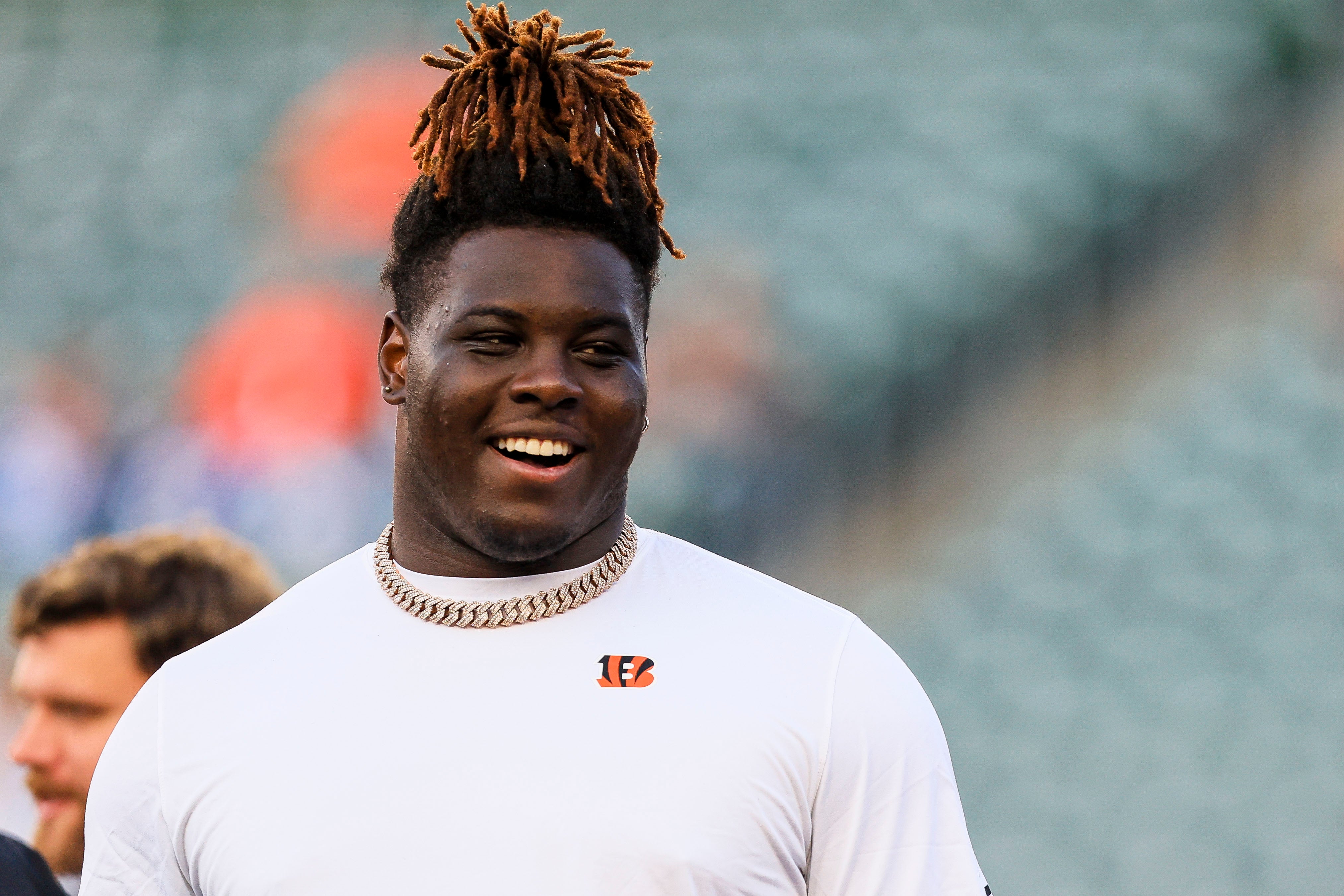 Aug 22, 2024; Cincinnati, Ohio, USA; Cincinnati Bengals offensive tackle Amarius Mims (71) stands on the field during warmups before the game against the Indianapolis Colts at Paycor Stadium.