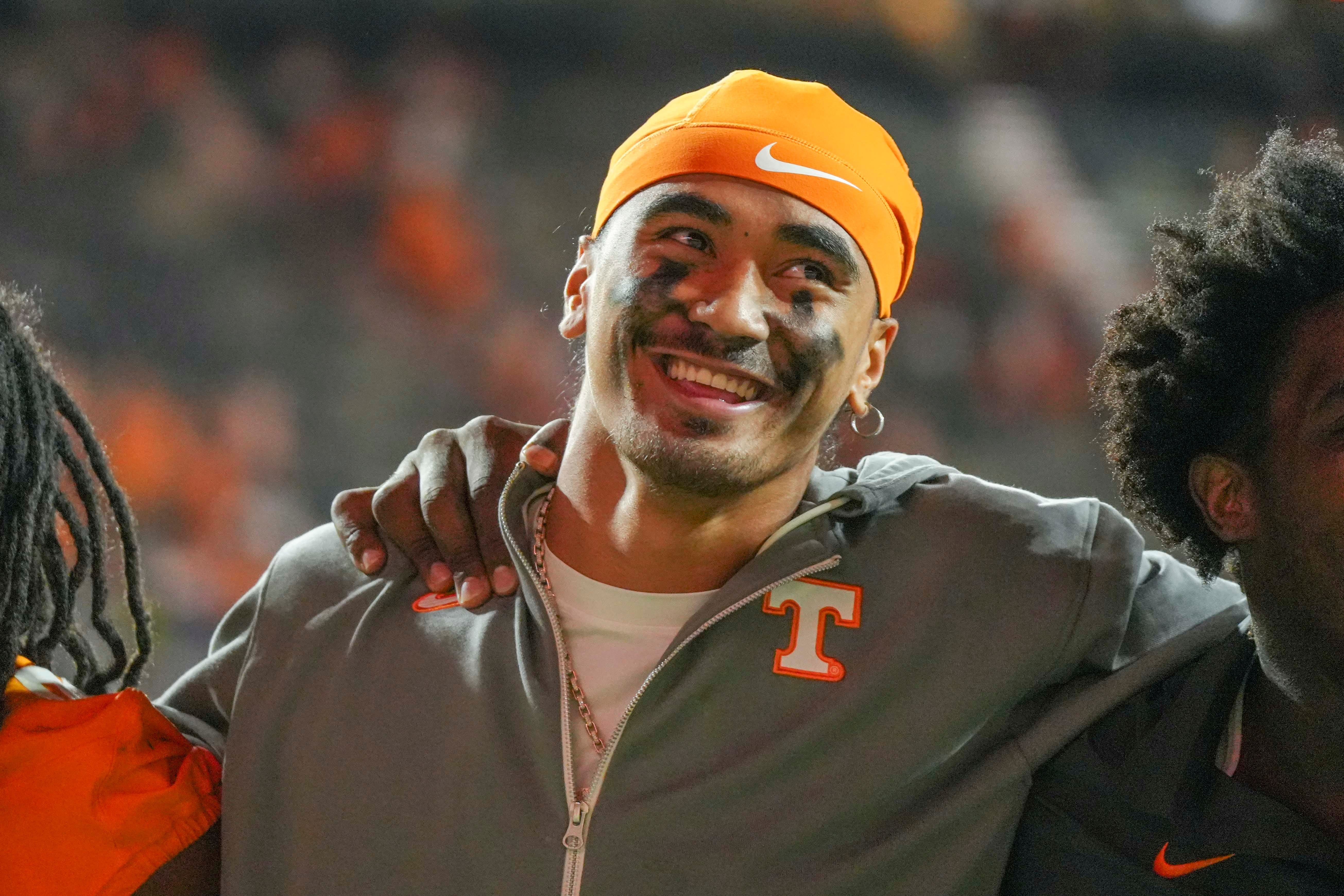 Tennessee quarterback Nico Iamaleava (8) smiles after a NCAA game between Tennessee and Kent State in Neyland Stadium in Knoxville on Saturday, Sept. 14, 2024.