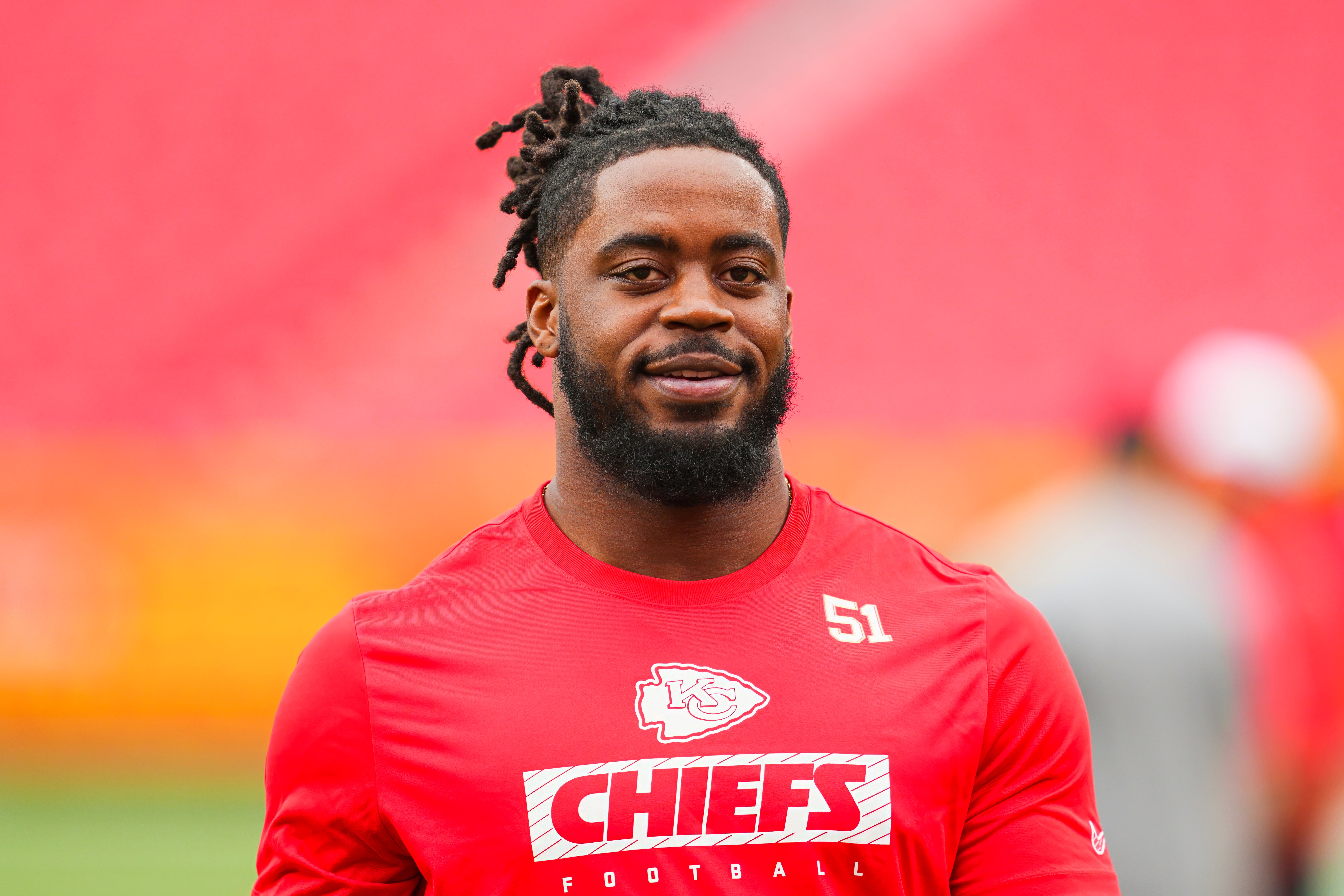 Aug 22, 2024; Kansas City, Missouri, USA; Kansas City Chiefs defensive end Mike Danna (51) warms up prior to a game against the Chicago Bears at GEHA Field at Arrowhead Stadium.