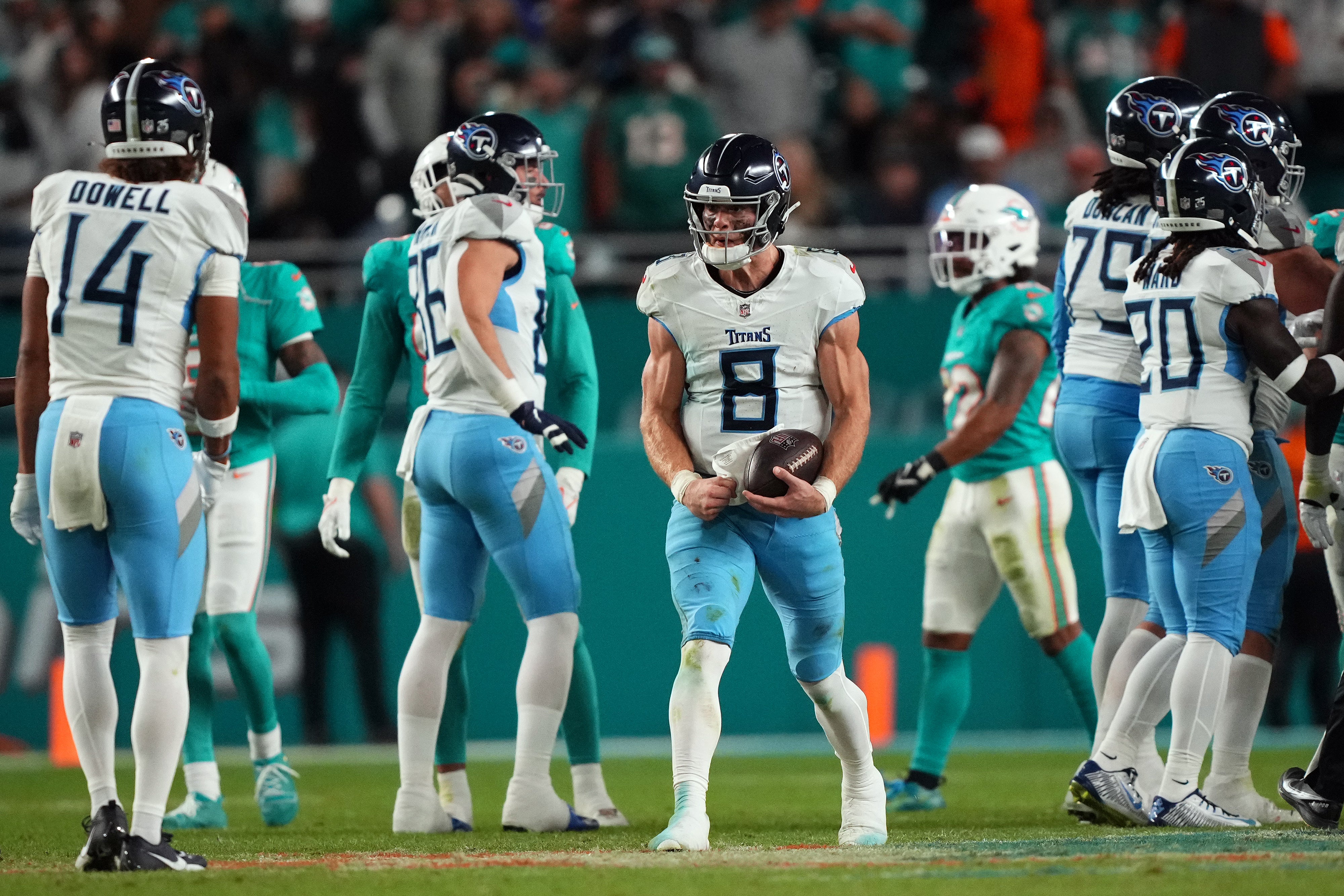 Tennessee Titans quarterback Will Levis (8) celebrates after defeating the Miami Dolphins at Hard Rock Stadium. Jasen Vinlove-Imagn Images