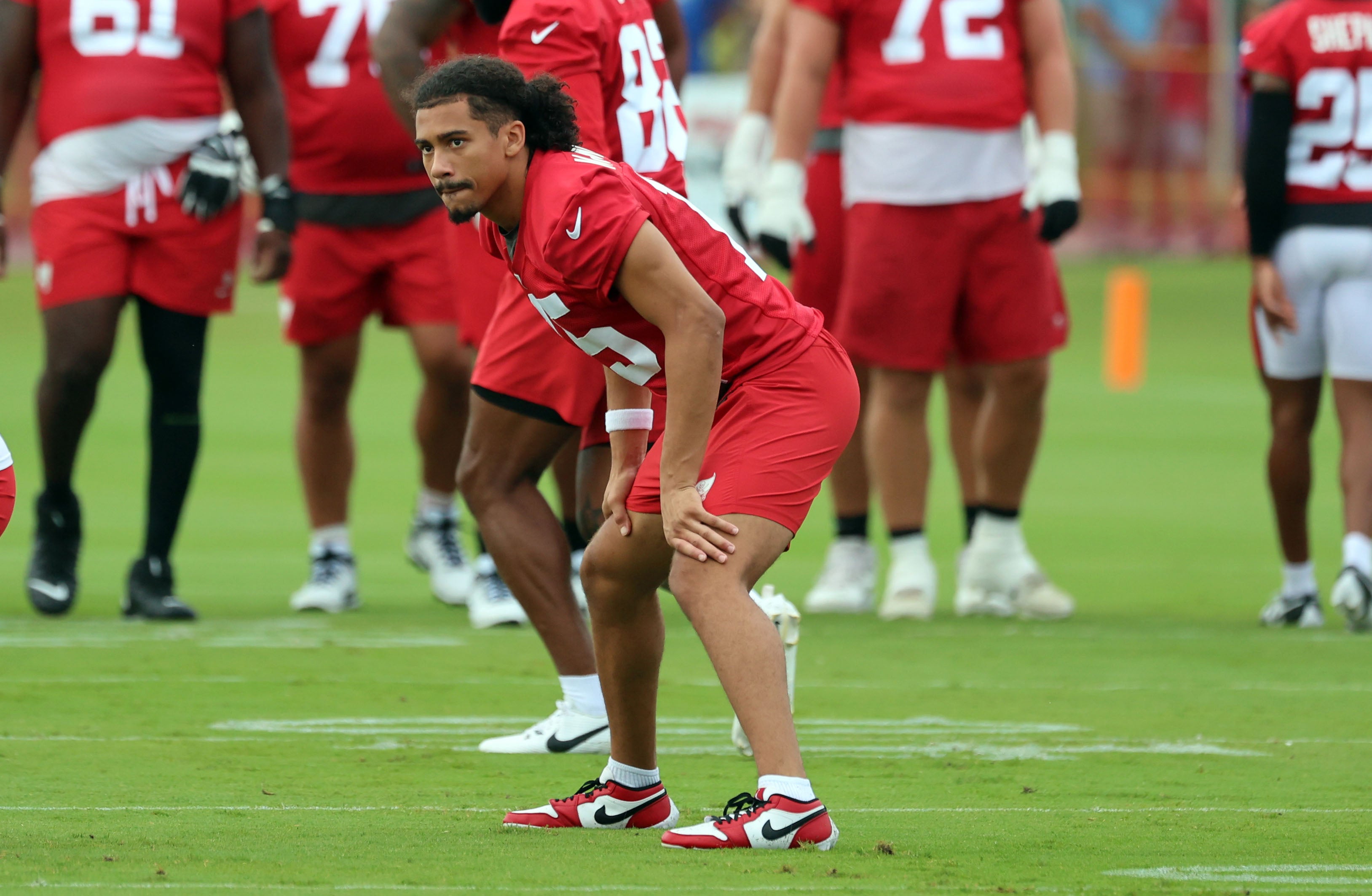 Jul 25, 2024; Tampa, FL, USA; Tampa Bay Buccaneers wide receiver Jalen McMillan (15) works out during training camp at AdventHealth Training Center.