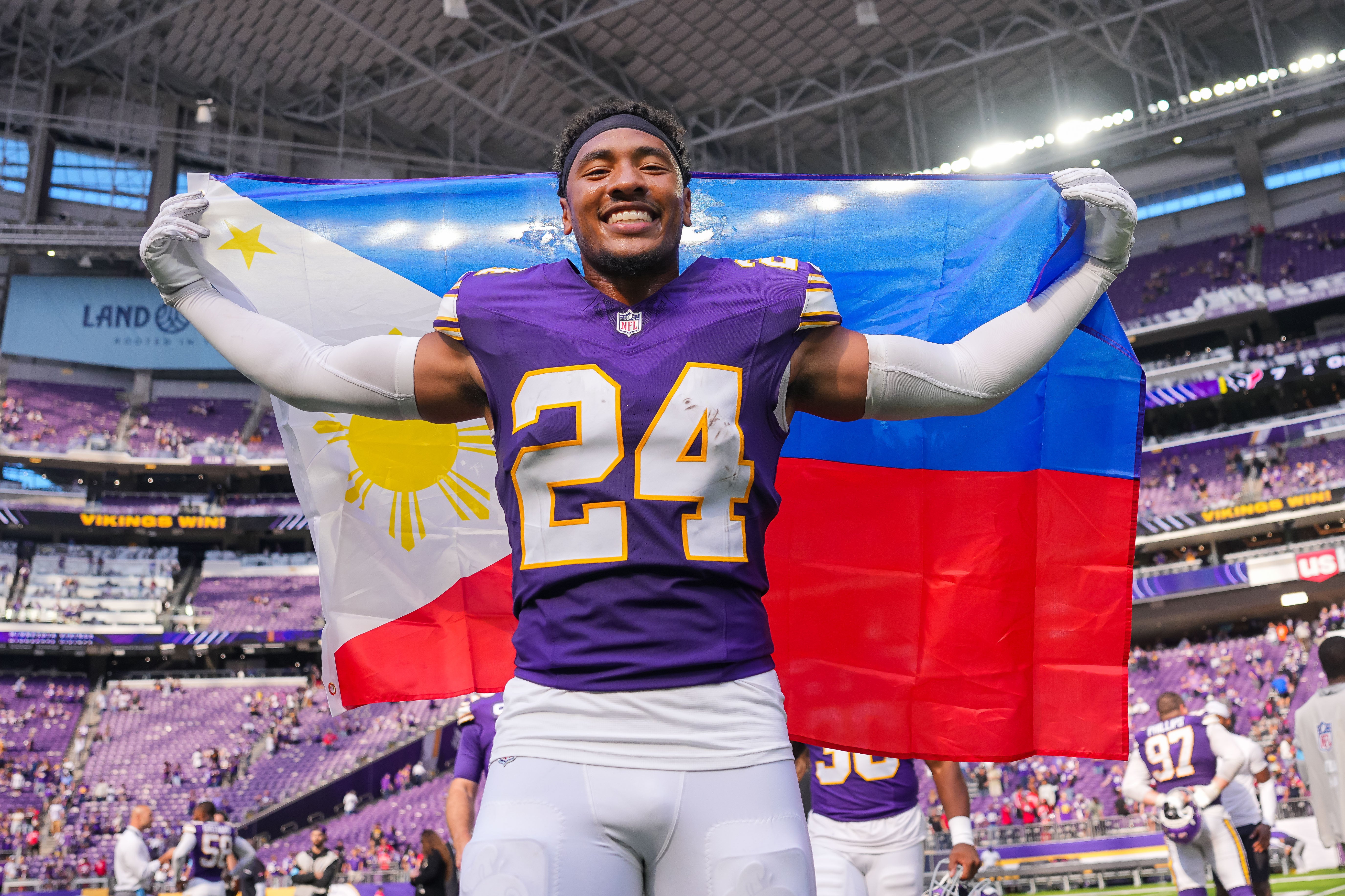 Sep 22, 2024; Minneapolis, Minnesota, USA; Minnesota Vikings safety Camryn Bynum (24) celebrates after the game against the Houston Texans at U.S. Bank Stadium.