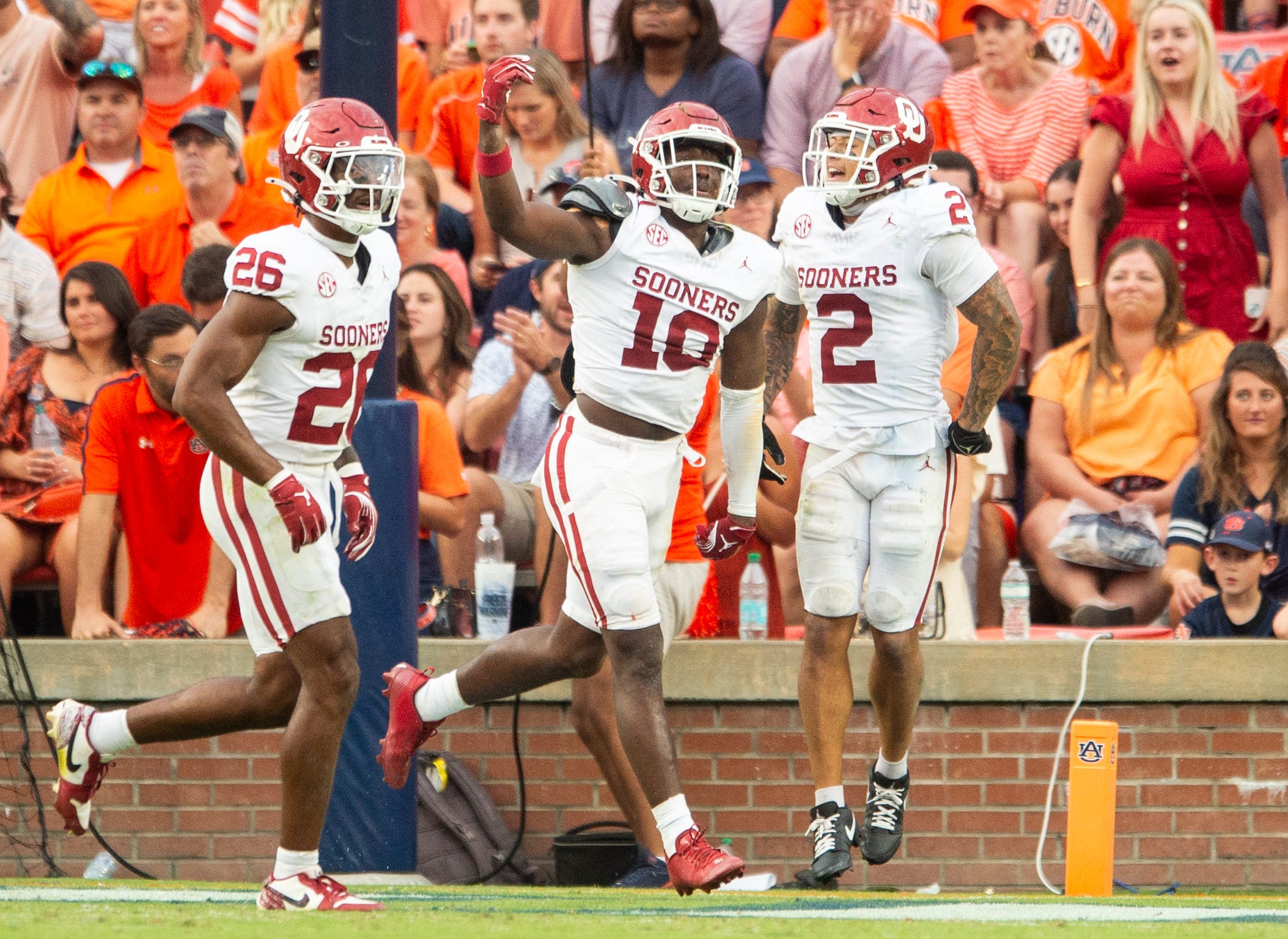 Oklahoma Sooners linebacker Kip Lewis (10) celebrates his pick six as Auburn Tigers take on Oklahoma Sooners at Jordan-Hare Stadium in Auburn, Ala., on Saturday, Sept. 28, 2024. Oklahoma Sooners defeated Auburn Tigers 27-21.