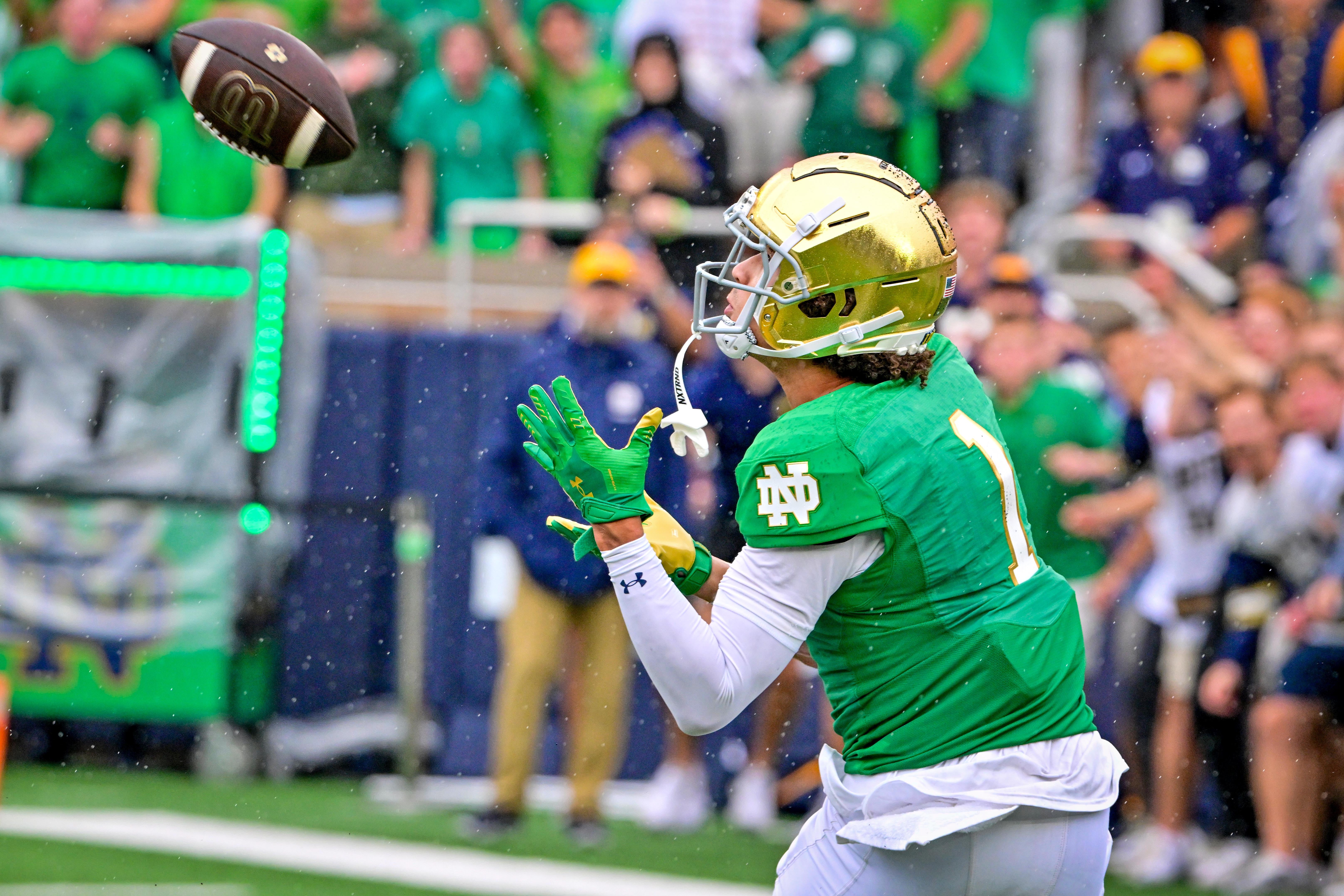 Notre Dame wide receiver Jaden Greathouse hauls in a touchdown against Louisville