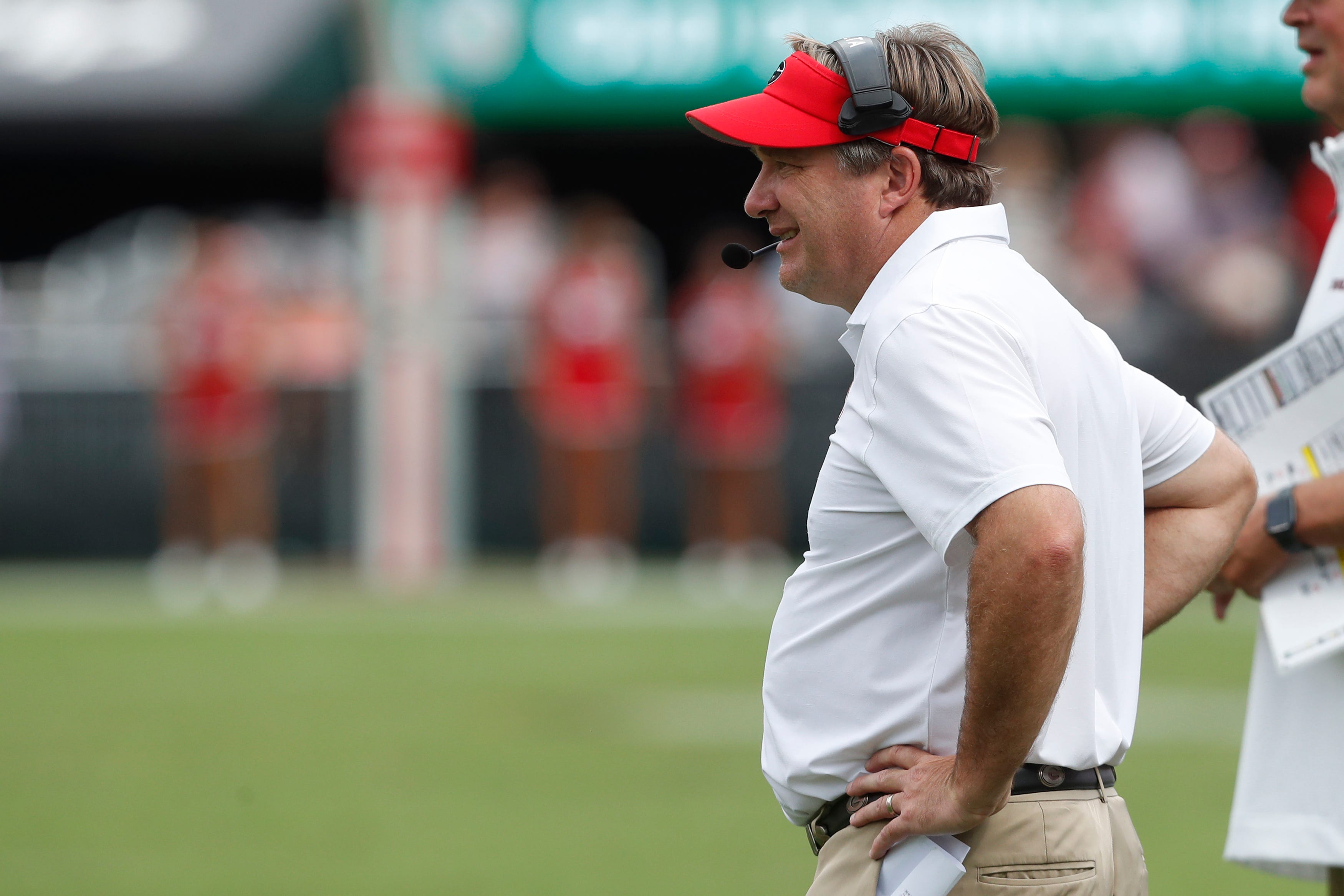 Georgia coach Kirby Smart looks on during the second half of a NCAA Aflac Kickoff game against Tennessee Tech in Athens, Ga., on Saturday, Sept. 7, 2024.