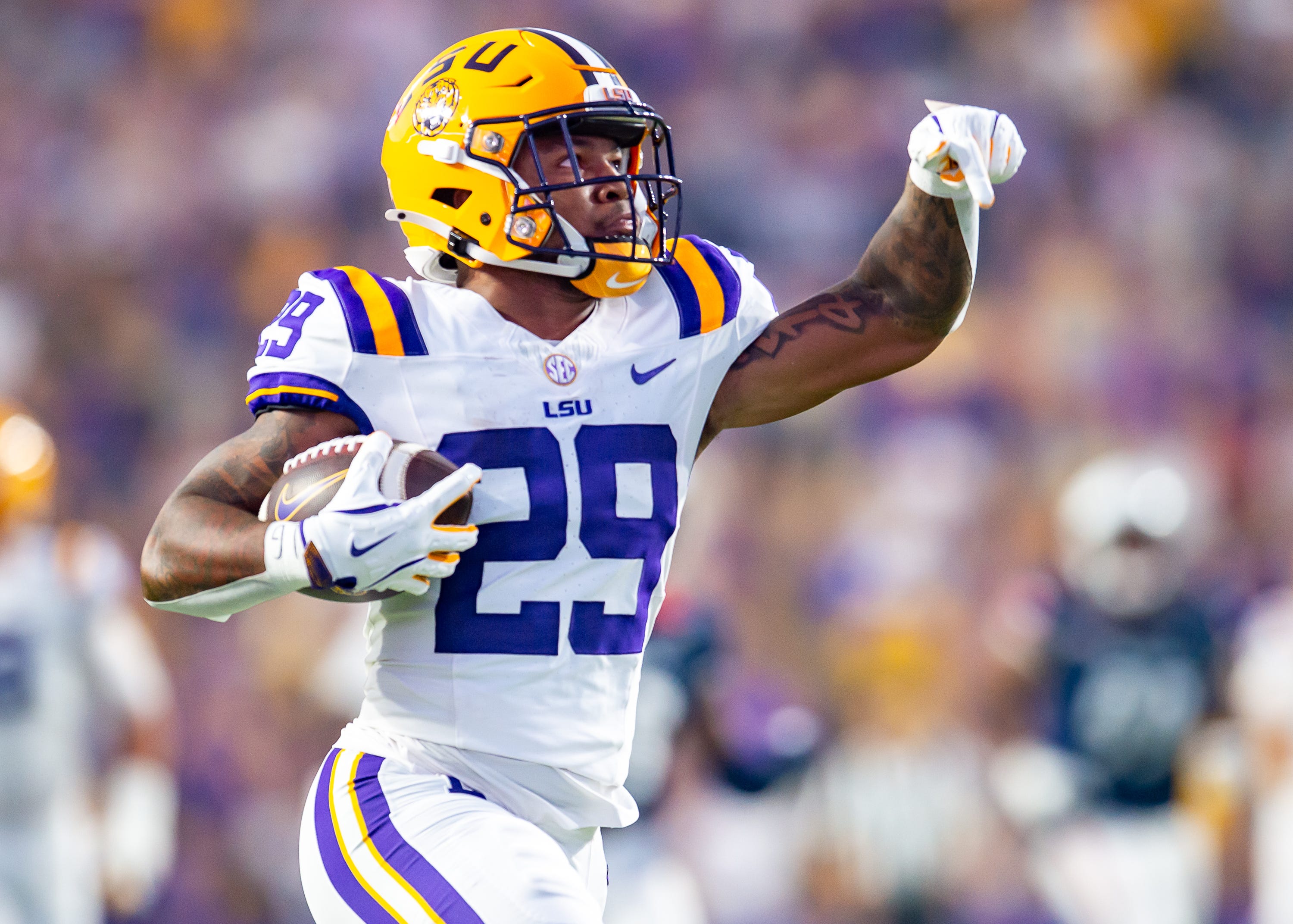 Tigers runningback Caden Durham 29 scores a touchdown as the LSU Tigers take on the South Alabama Jaguars at Tiger Stadium in Baton Rouge, LA. Saturday, Sept. 28, 2024.