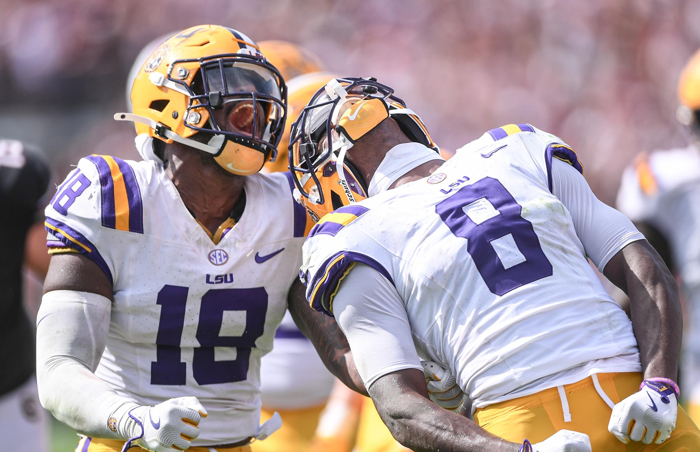 Louisiana State University safety Major Burns (8) and linebacker Greg Penn III (18) react after sacking South Carolina quarterback Robby Ashford (1) during the fourth quarter at Williams-Brice Stadium in Columbia, S.C. Saturday, September 14, 2024.