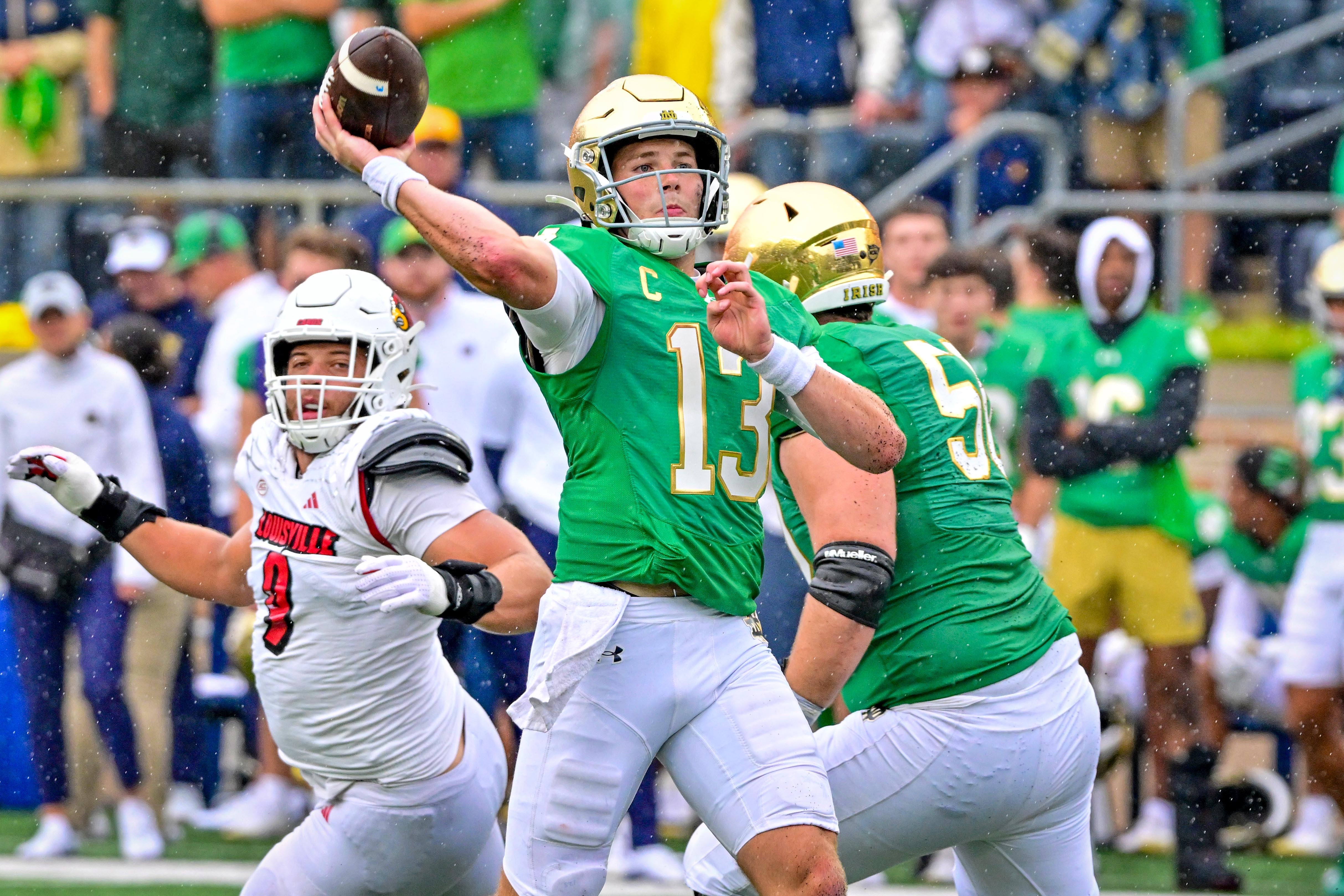 Notre Dame quarterback Riley Leonard throws a pass against Louisville