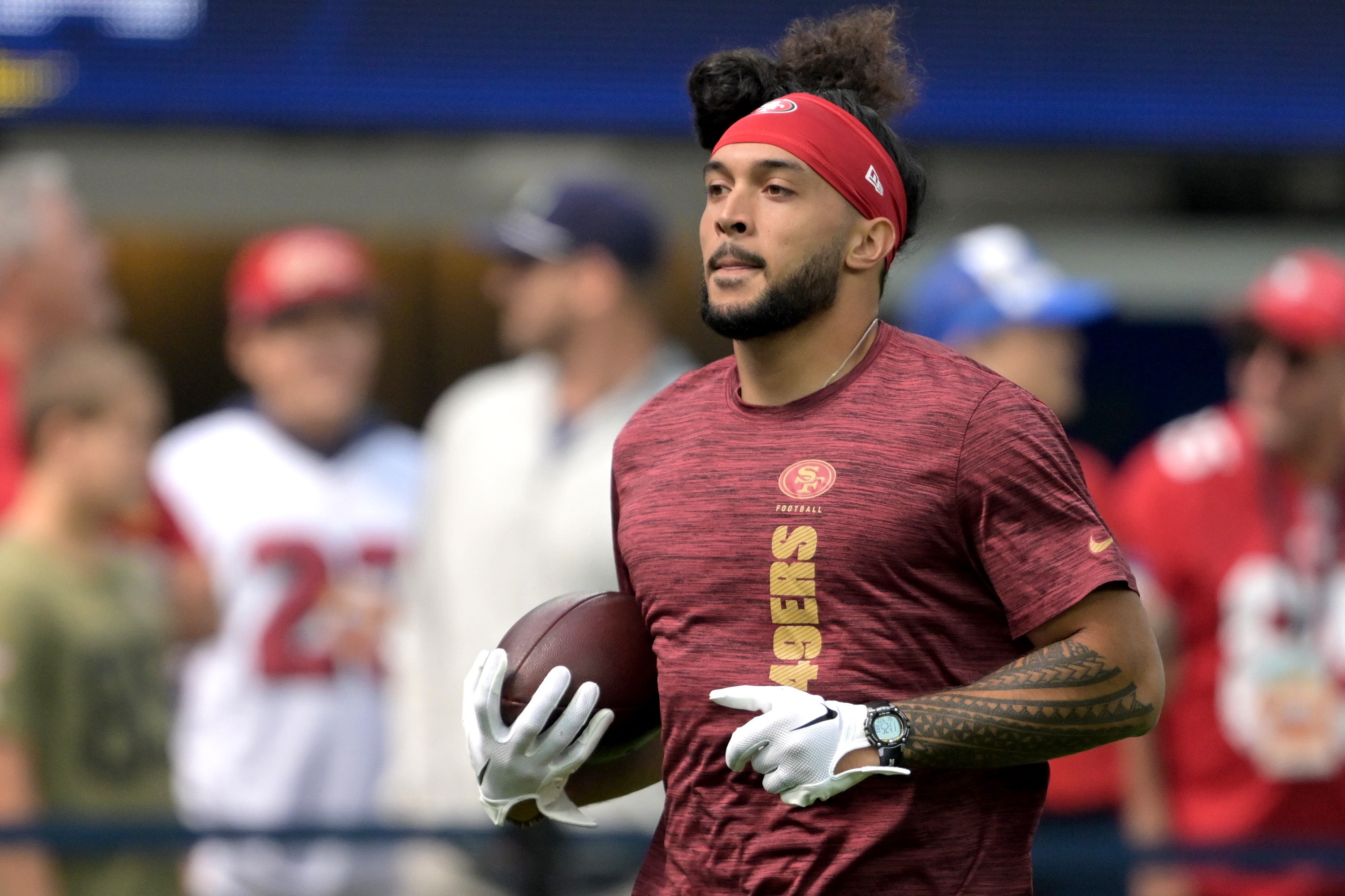 San Francisco 49ers safety Talanoa Hufanga (29) warms up prior to the game against the Los Angeles Rams at SoFi Stadium.