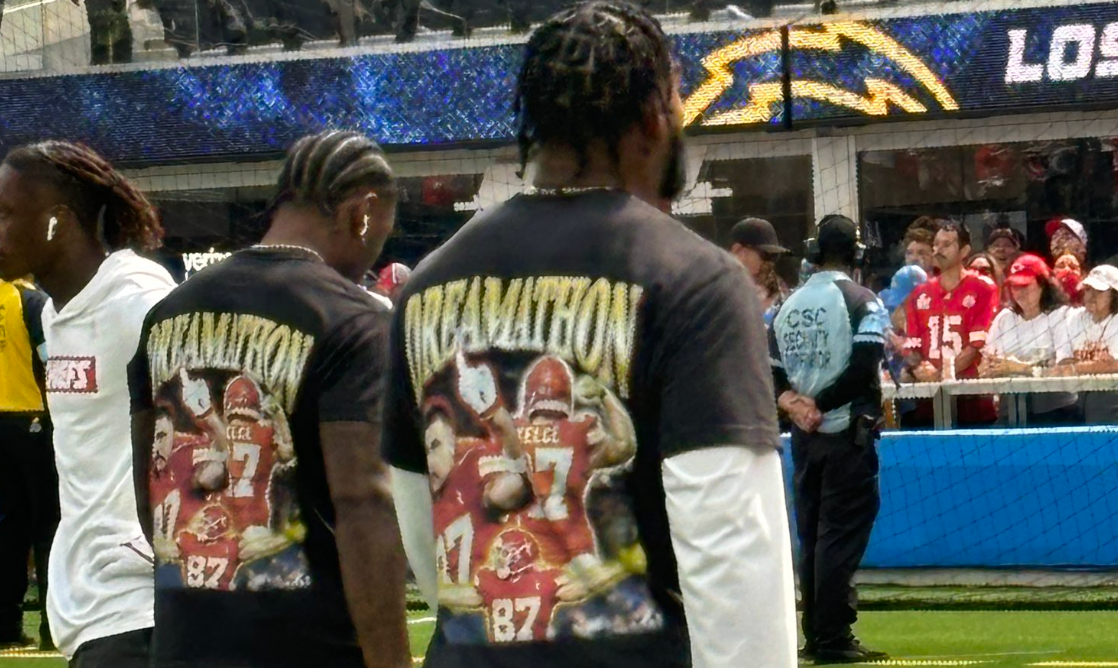 Chiefs WRs were spotted wearing Travis Kelce t-shirts during warm ups prior to their Week 4 matchup against the Los Angeles Chargers at SoFi Stadium