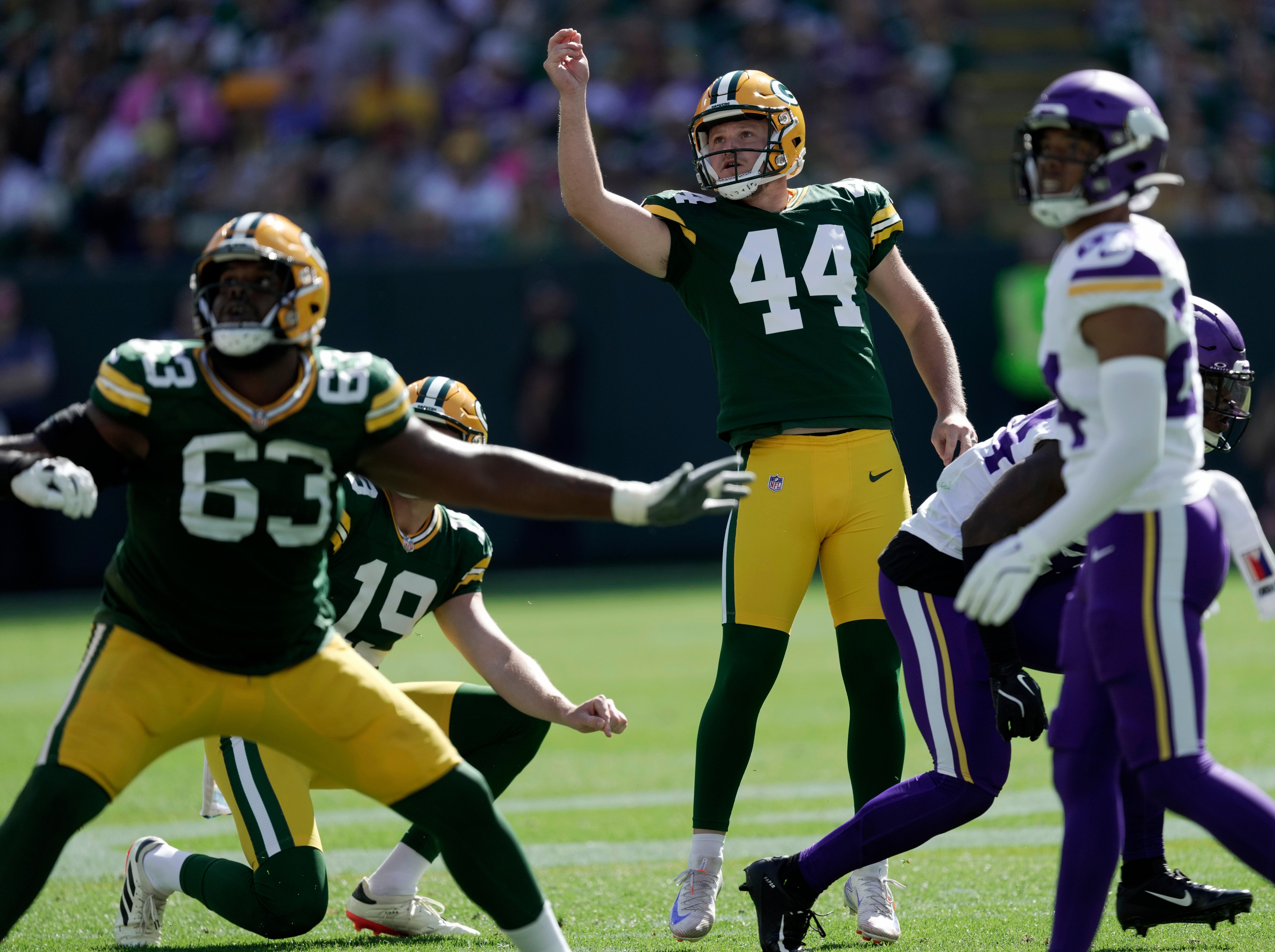 Green Bay Packers place kicker Brayden Narveson watches his missed field goal attempt during the second quarter of their game against the Minnesota Vikings Sunday, September 29, 2024 at Lambeau Field in Green Bay, Wisconsin