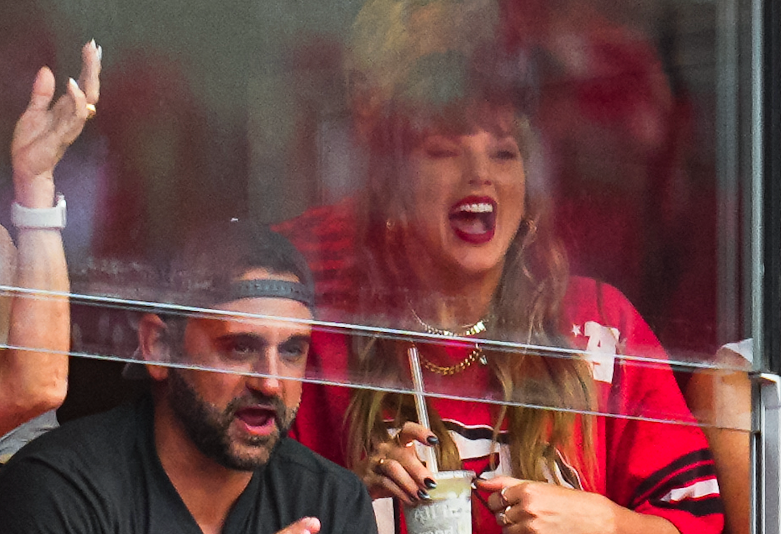 Sep 15, 2024; Kansas City, Missouri, USA; Recording artist Taylor Swift celebrates after a Kansas City Chiefs touchdown during the second half against the Cincinnati Bengals at GEHA Field at Arrowhead Stadium. 