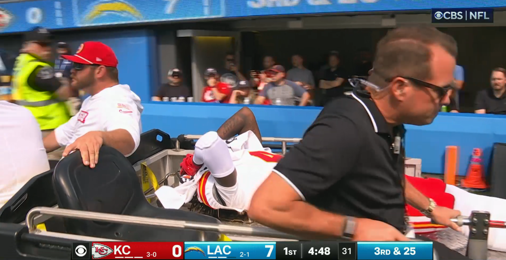Chiefs WR Rashee Rice carted off the field in Week 4 vs. Chargers.
