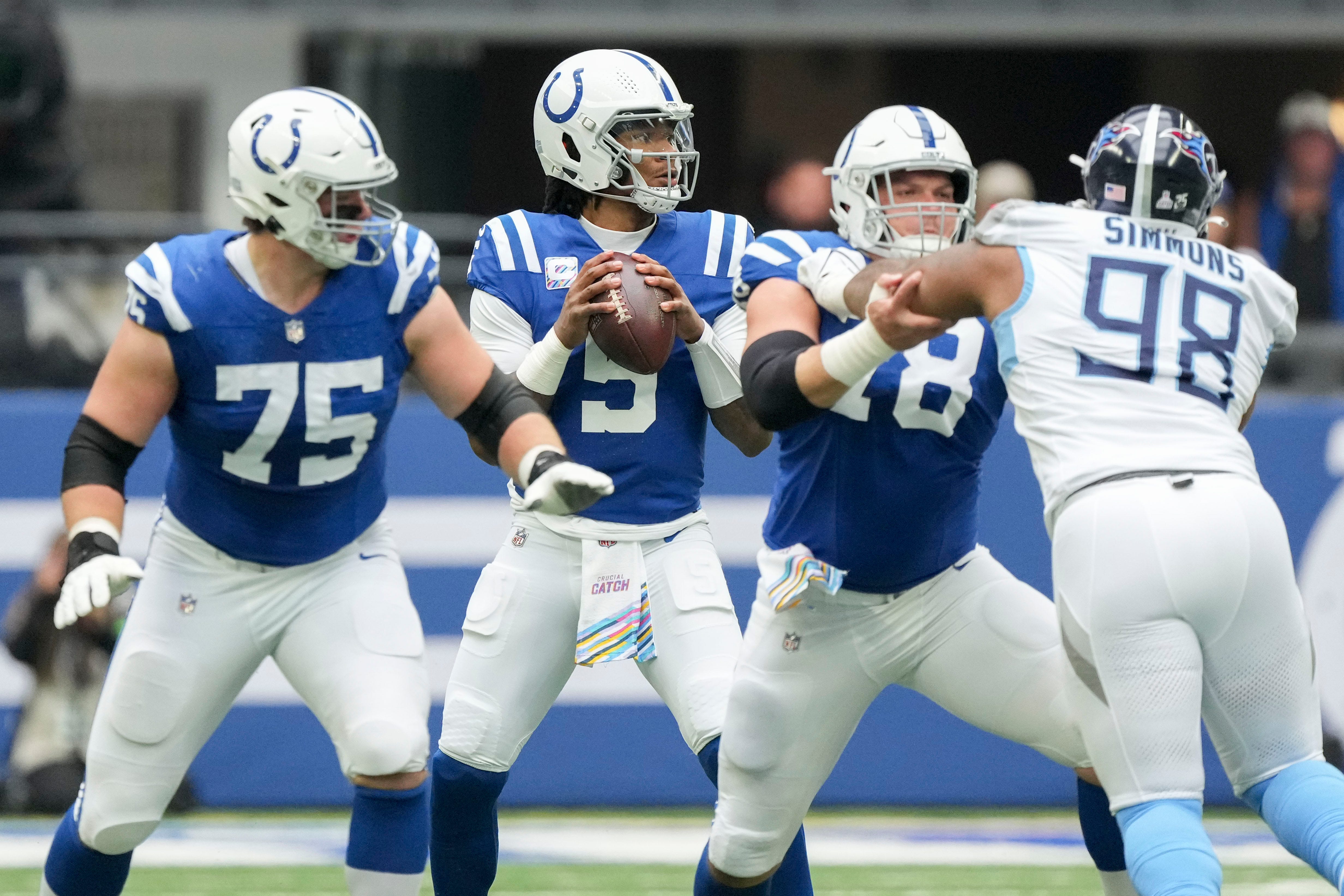 Indianapolis Colts quarterback Anthony Richardson (5) draws back to pass Sunday, Oct. 8, 2023, during a game against the Tennessee Titans at Lucas Oil Stadium in Indianapolis Robert Scheer/IndyStar-USA TODAY NETWORK
