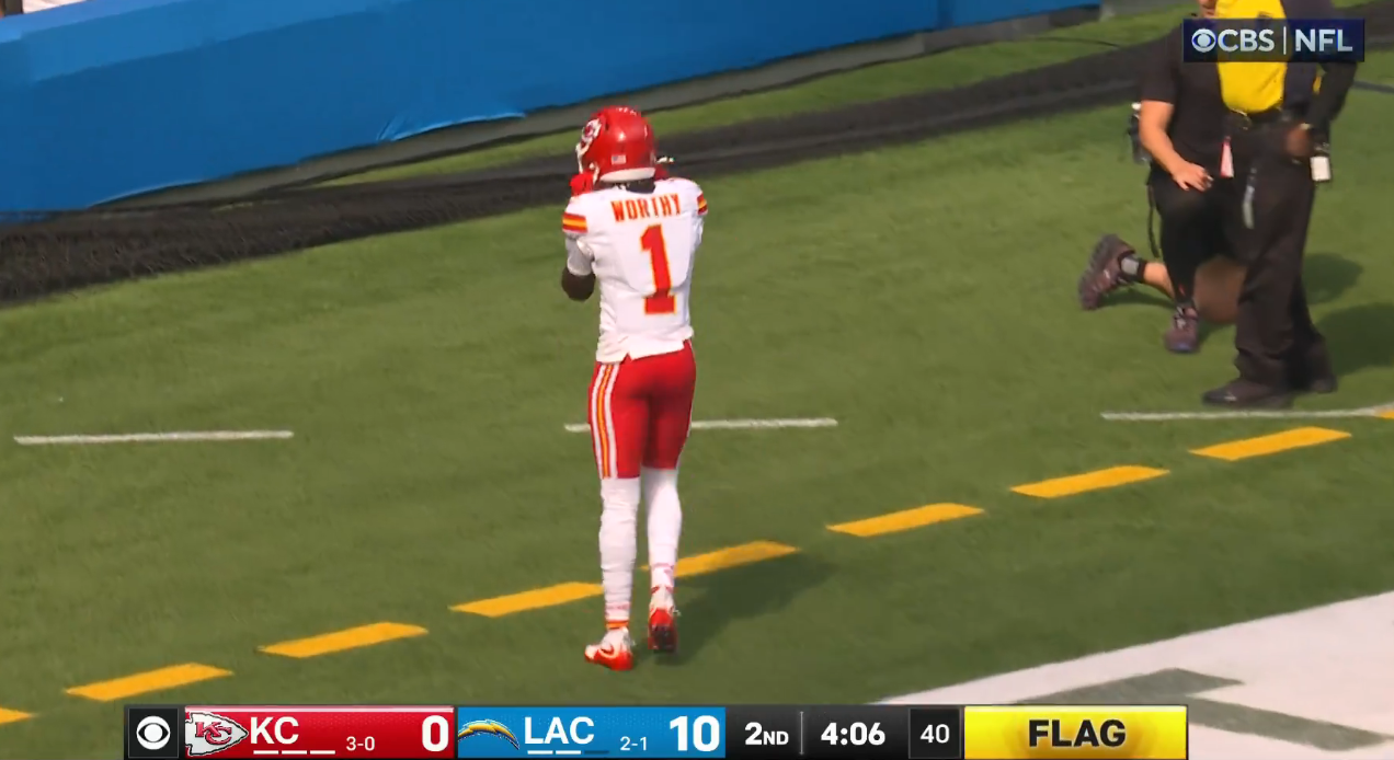 Chiefs WR Xavier Worthy celebrates after a touchdown catch in Week 4 vs. the Chargers.