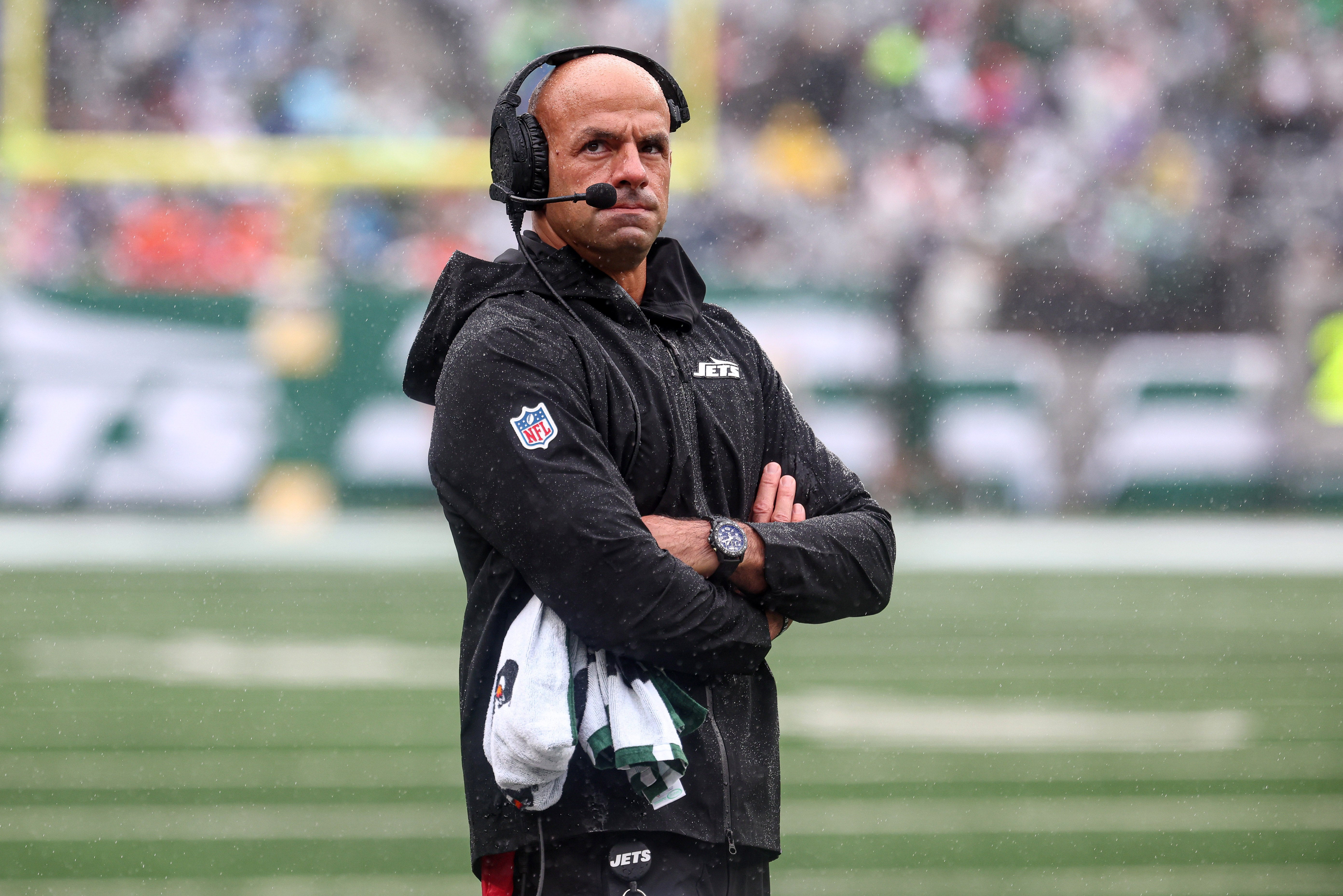 New York Jets head coach Robert Saleh looks on during the first half against the Denver Broncos at MetLife Stadium.