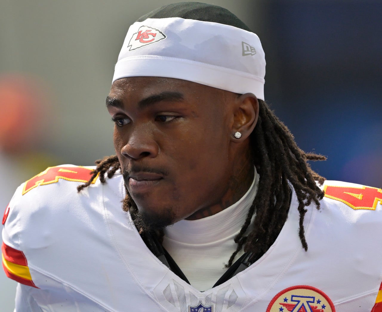 Sep 29, 2024; Inglewood, California, USA; Kansas City Chiefs wide receiver Rashee Rice (4) warms up prior to the game against the Los Angeles Chargers at SoFi Stadium.