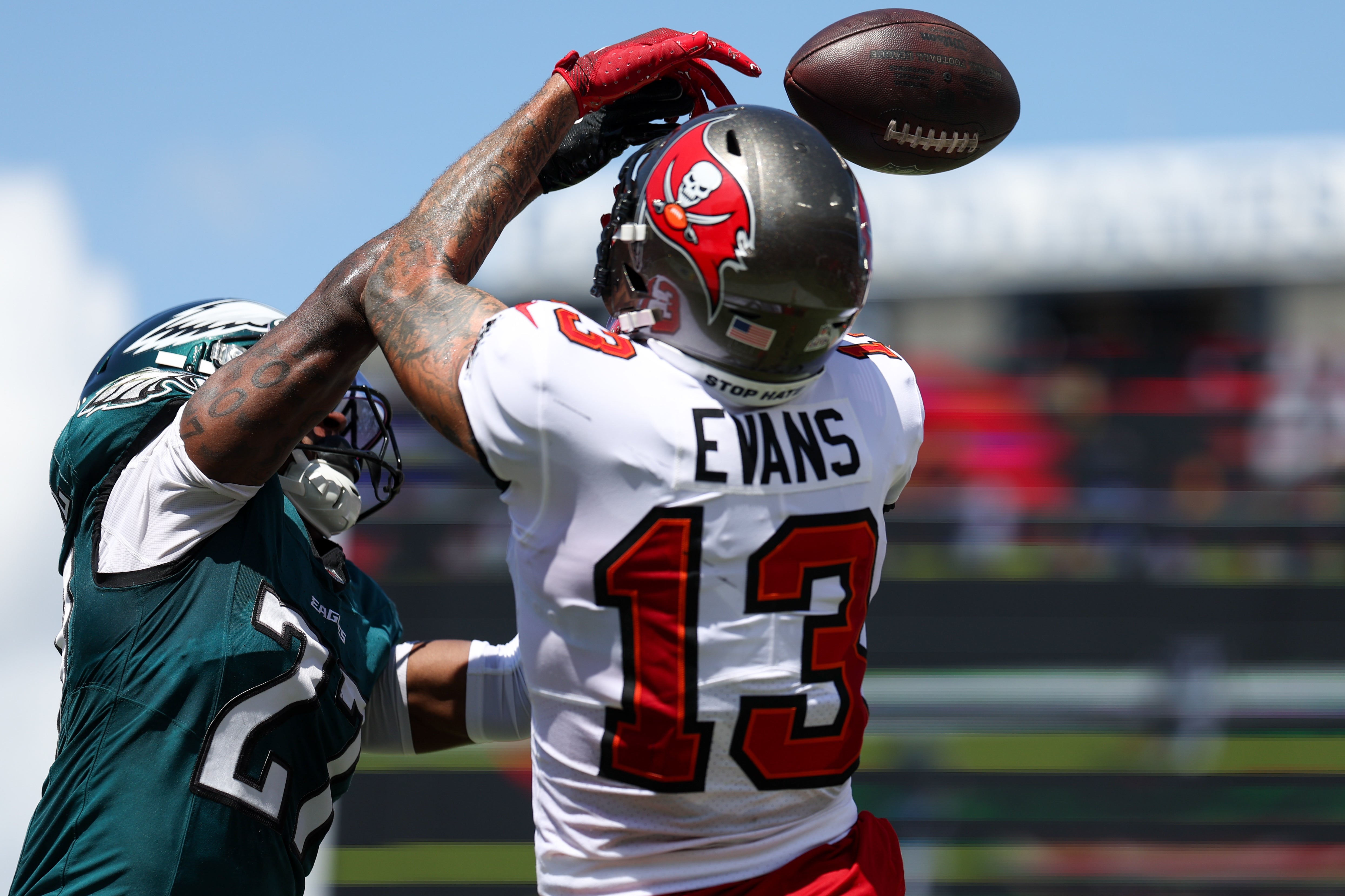 Philadelphia Eagles cornerback Quinyon Mitchell (27) breaks up a pass to Tampa Bay Buccaneers wide receiver Mike Evans (13) in the second quarter at Raymond James Stadium.