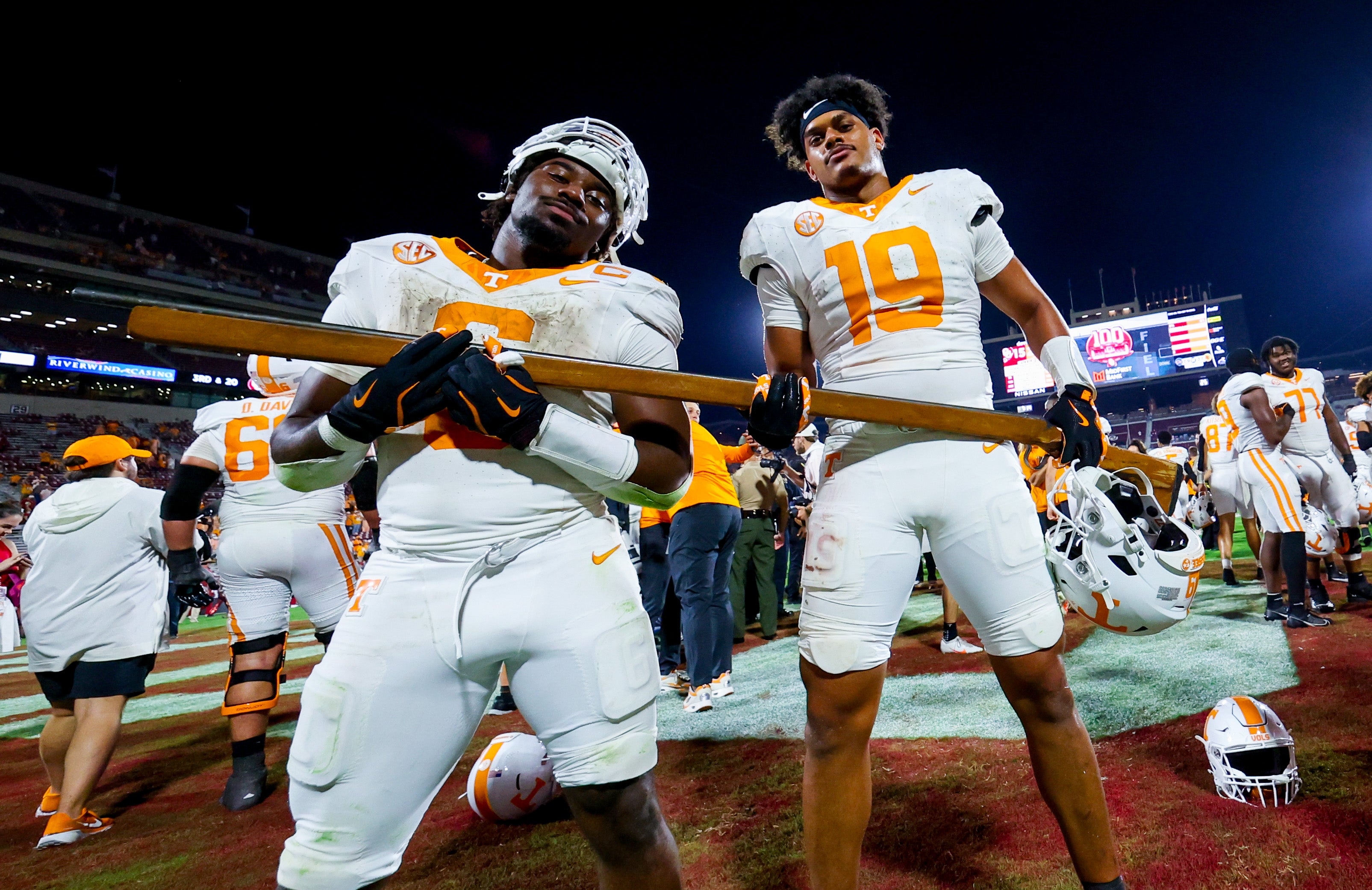 Sep 21, 2024; Norman, Oklahoma, USA; Tennessee Volunteers running back Dylan Sampson (6) celebrates with Tennessee Volunteers tight end Holden Staes (19) after the game against the Oklahoma Sooners at Gaylord Family-Oklahoma Memorial Stadium.