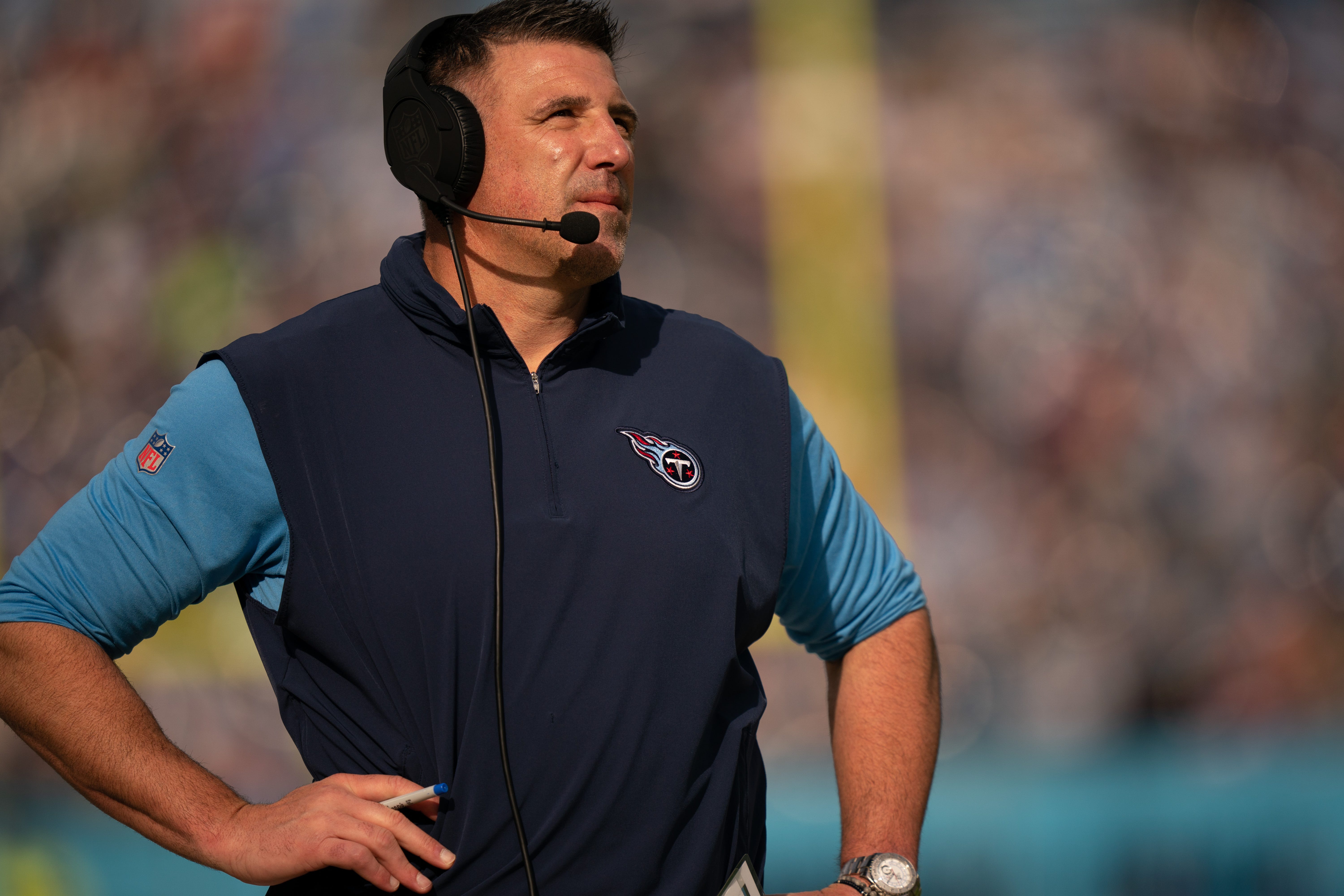 Tennessee Titans Head Coach Mike Vrabel reacts to a Titans penalty against the Seattle Seahawks during their game at Nissan Stadium in Nashville, Tenn., Sunday, Dec. 24, 2023. Vrabel was fired by owner Amy Adams Strunk Monday after having two losing seasons back-to-back.