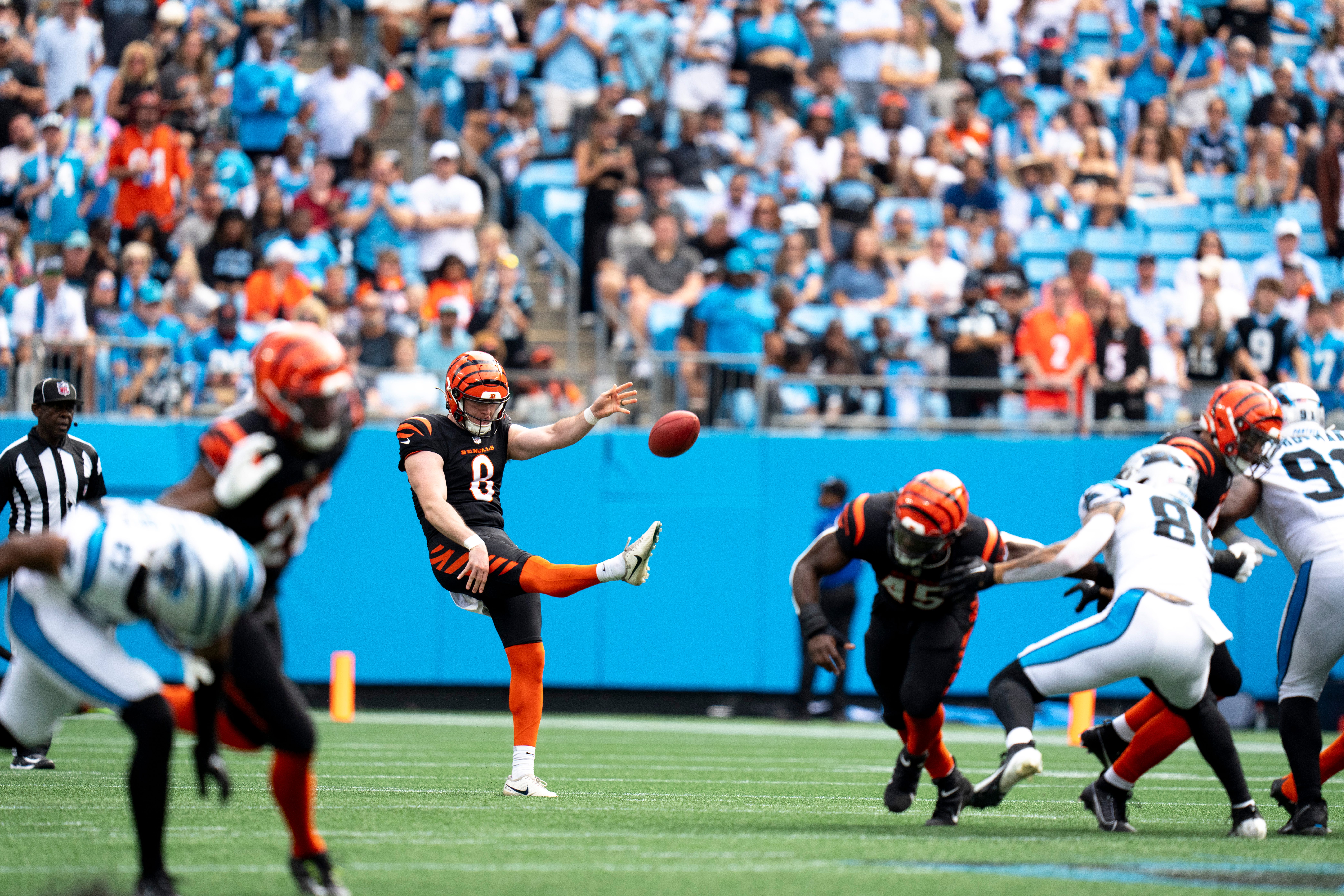 Cincinnati Bengals punter Ryan Rehkow (8) punts in the fourth quarter of the NFL game against the Carolina Panthers at Bank of America Stadium in Charlotte, N.C., on Sunday, Sept. 29, 2024.