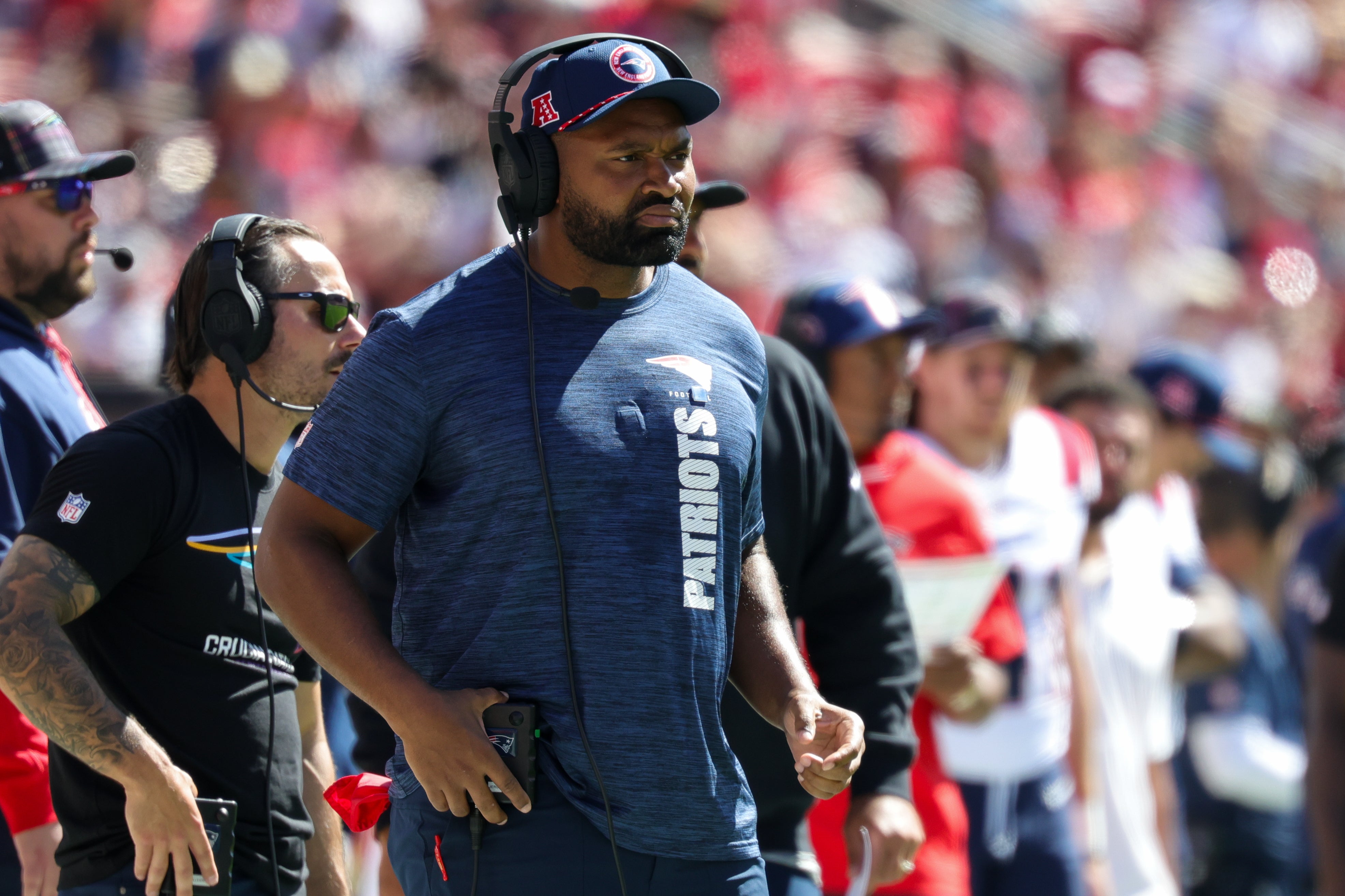 Sep 29, 2024; Santa Clara, California, USA; New England Patriots head coach Jerod Mayo looks on during the first quarter against the San Francisco 49ers at Levi's Stadium.