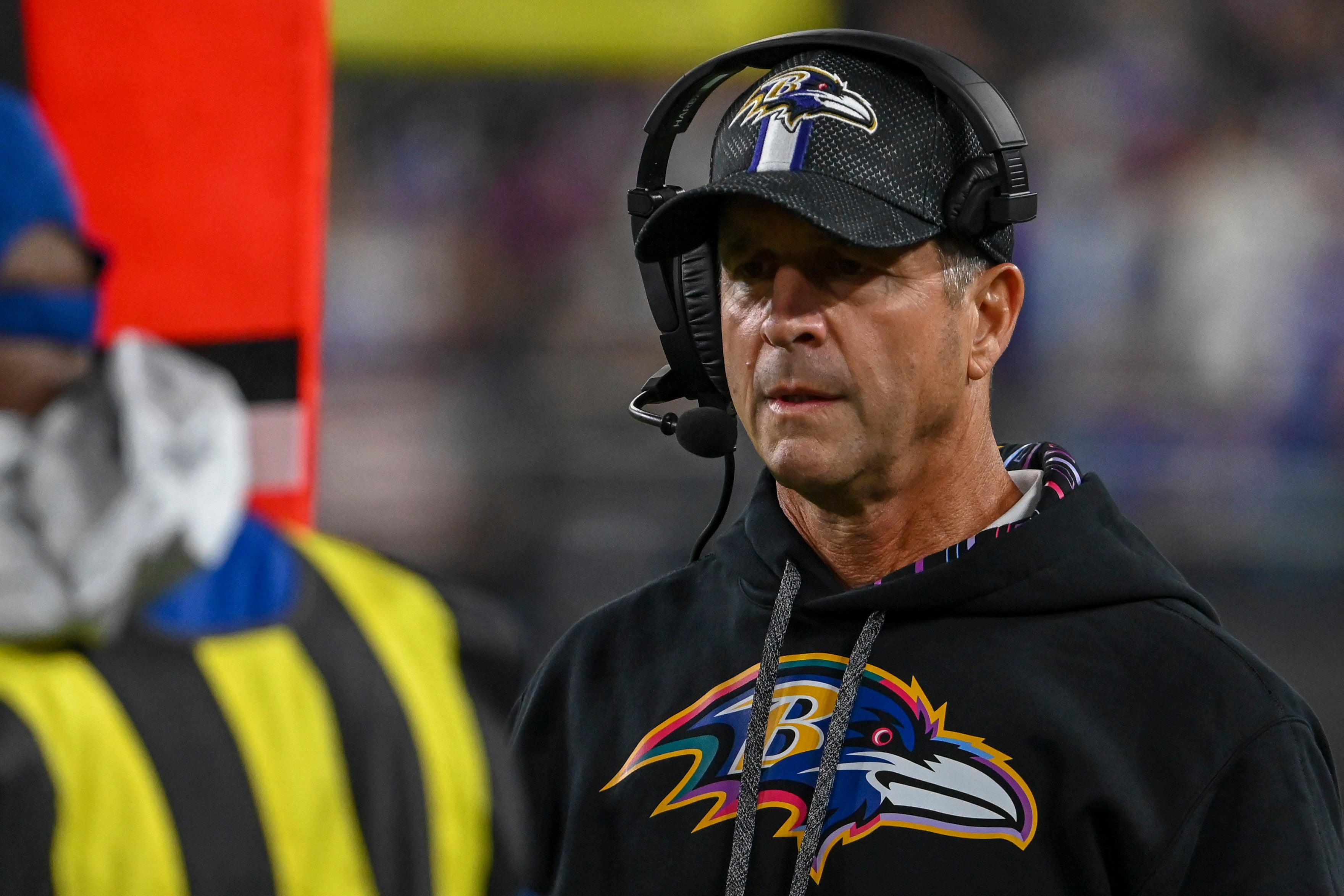 Baltimore Ravens head coach John Harbaugh walks down the sidelines during the first quarter against the Buffalo Bills at M&T Bank Stadium. Tommy Gilligan-Imagn Images