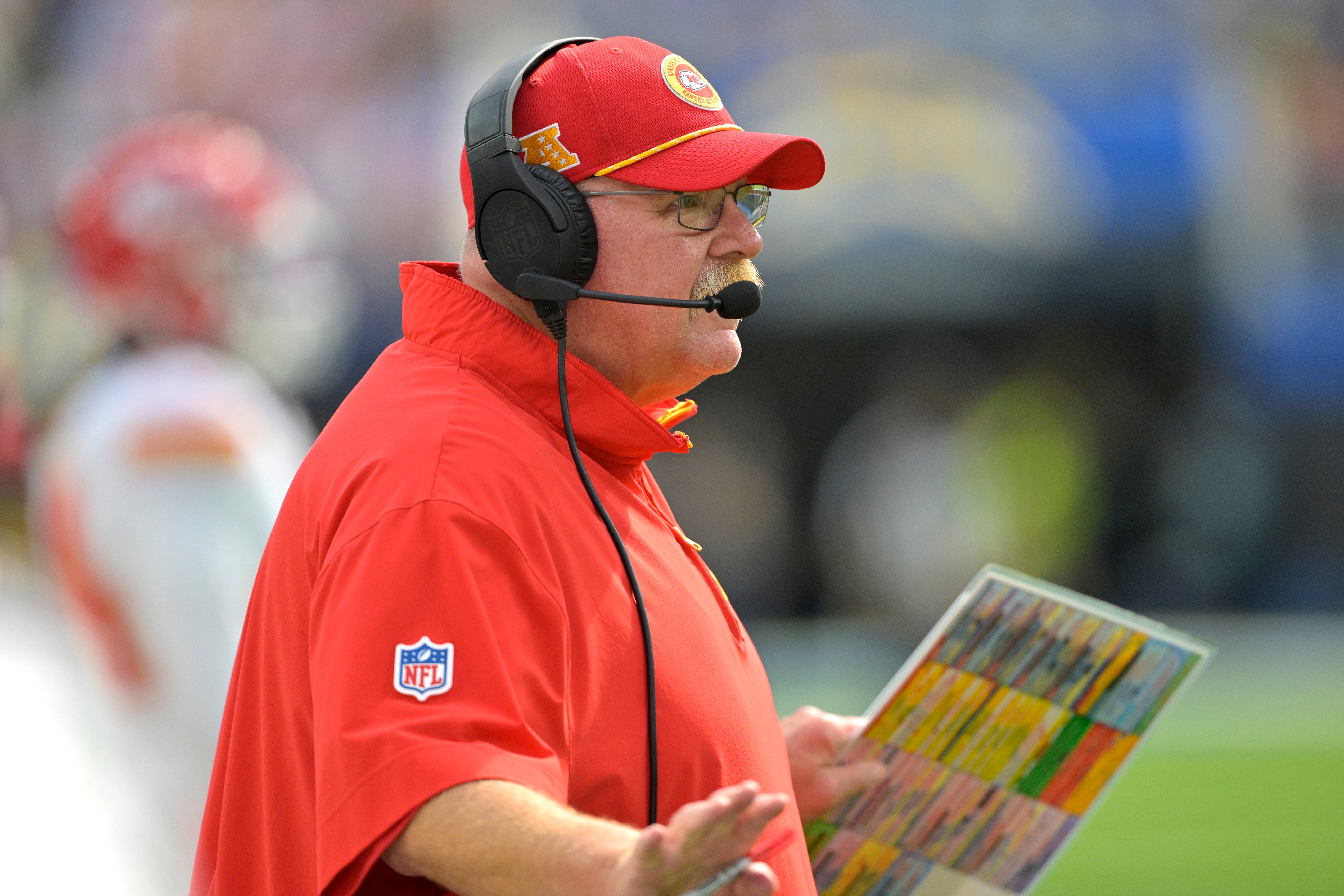 Sep 29, 2024; Inglewood, California, USA; Kansas City Chiefs head coach Andy Reid on the sidelines in the second half against the Los Angeles Chargers at SoFi Stadium.