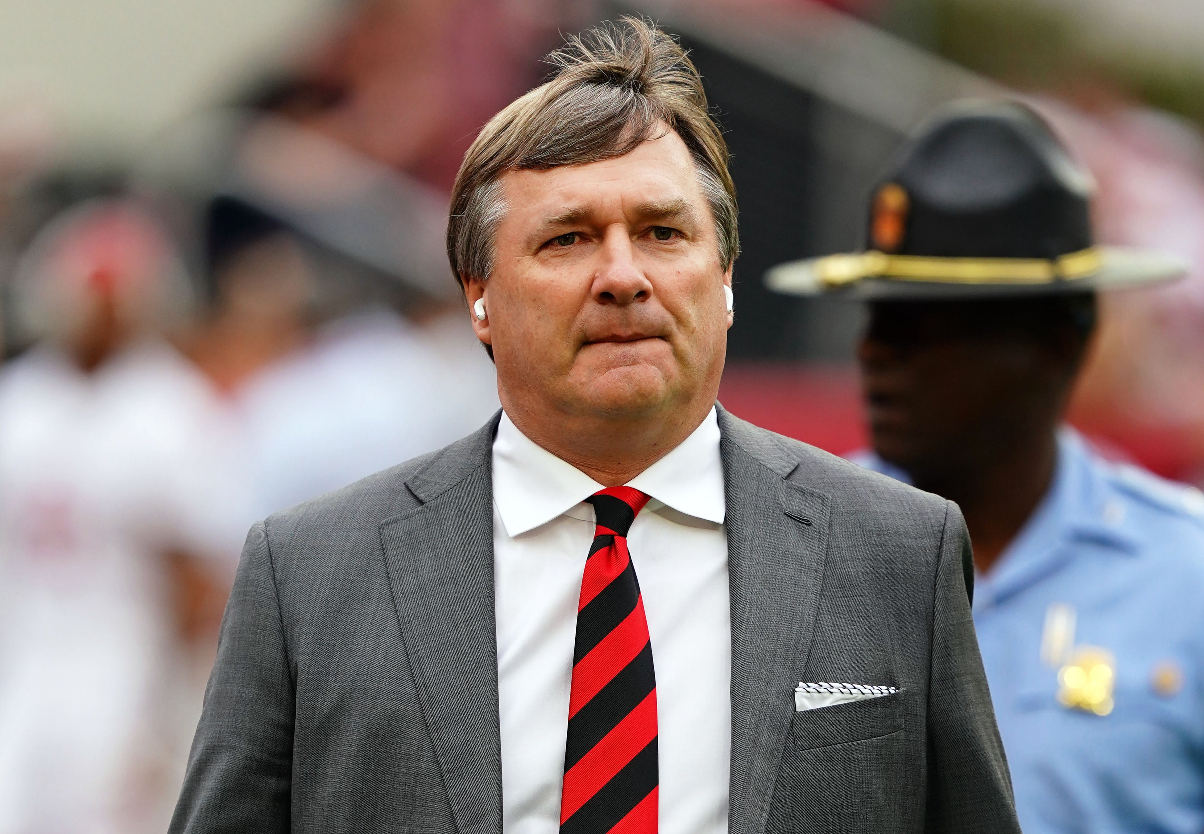 Georgia Bulldogs head coach Kirby Smart walks the sidelines prior to their game against the Alabama Crimson Tide at Bryant-Denny Stadium.