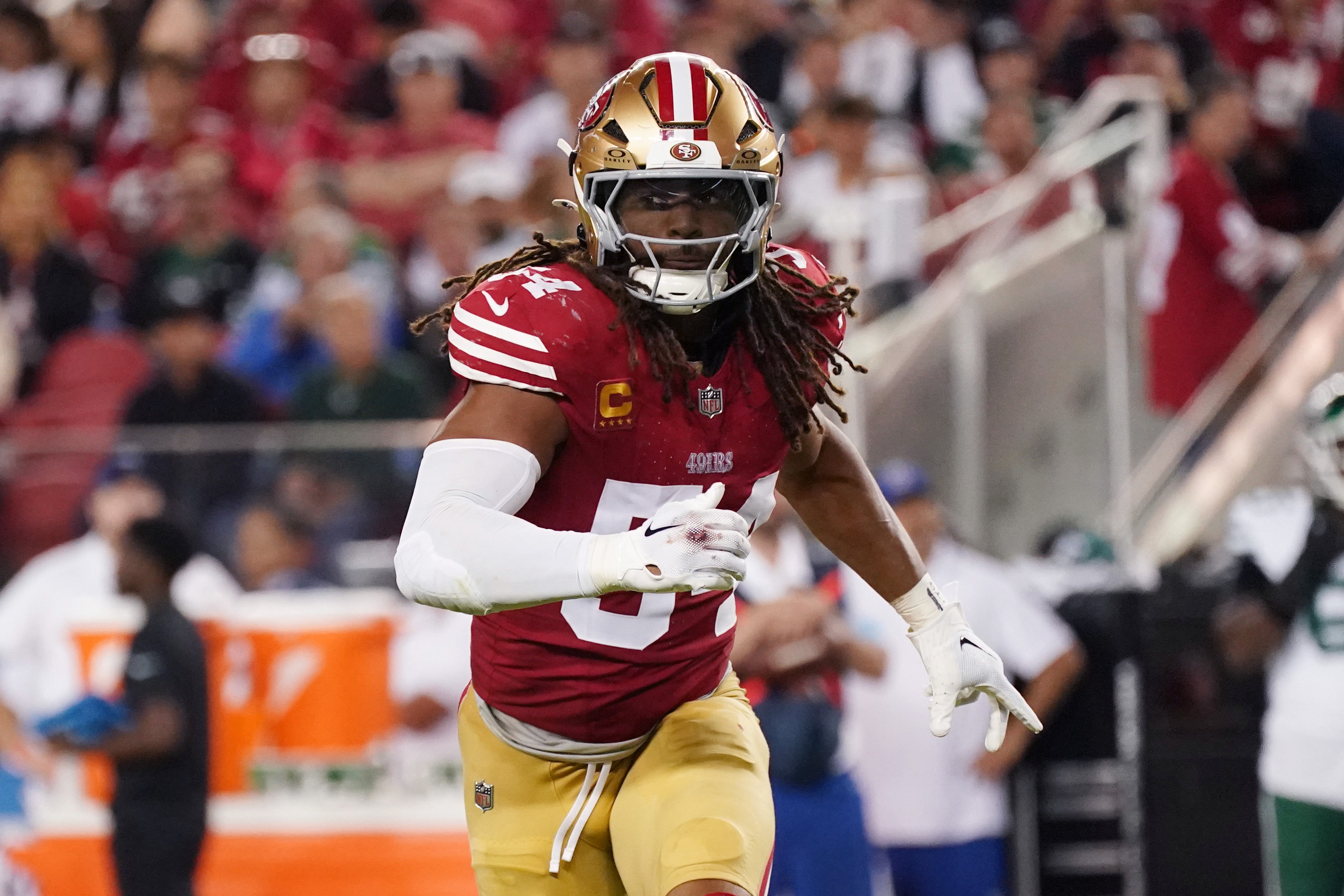 San Francisco 49ers linebacker Fred Warner (54) pursues the ball during the fourth quarter against the New York Jets at Levi's Stadium.