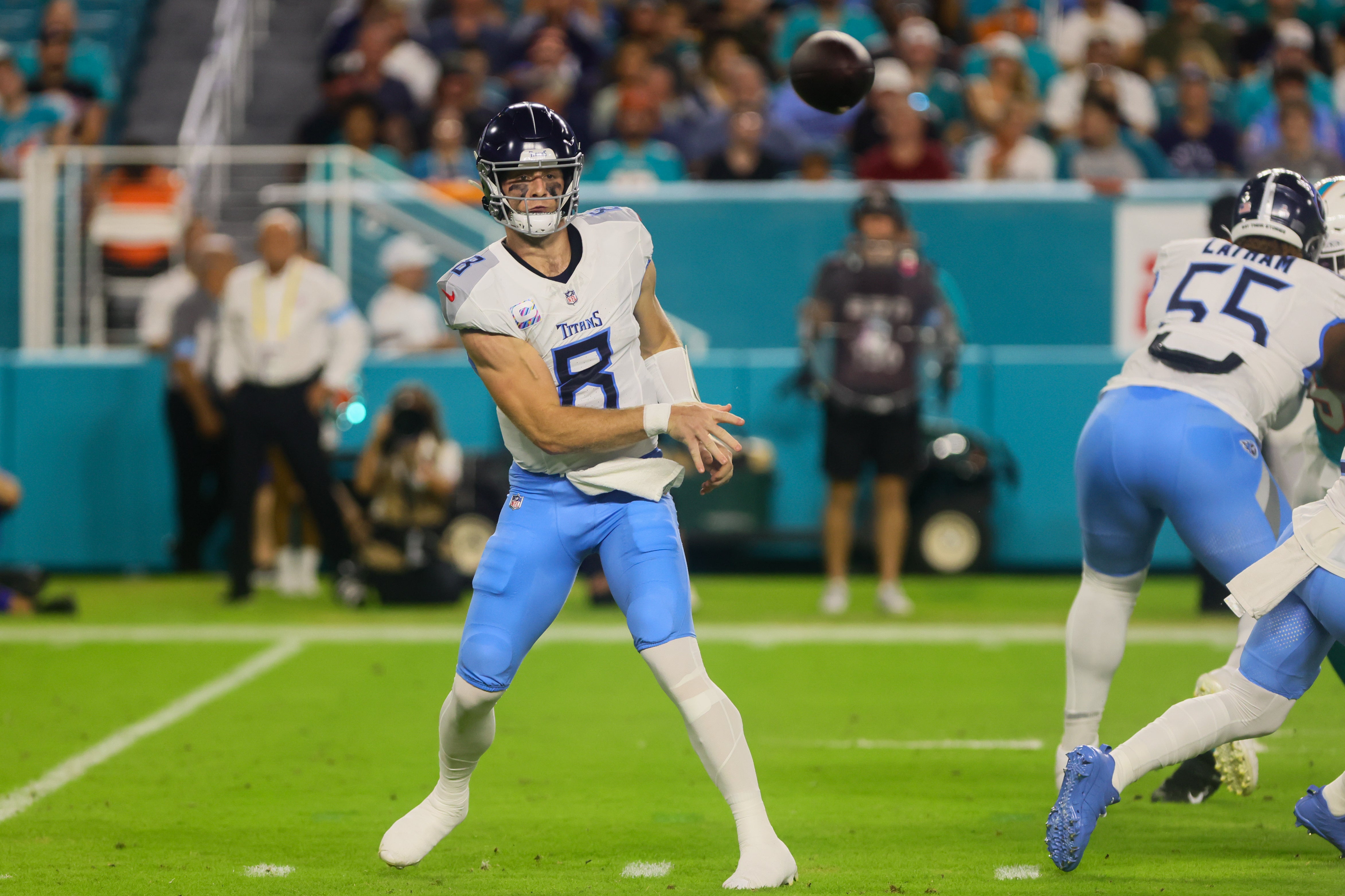 Sep 30, 2024; Miami Gardens, Florida, USA; Tennessee Titans quarterback Will Levis (8) throws the football against the Miami Dolphins during the first quarter at Hard Rock Stadium. Mandatory Credit: Sam Navarro-Imagn Images