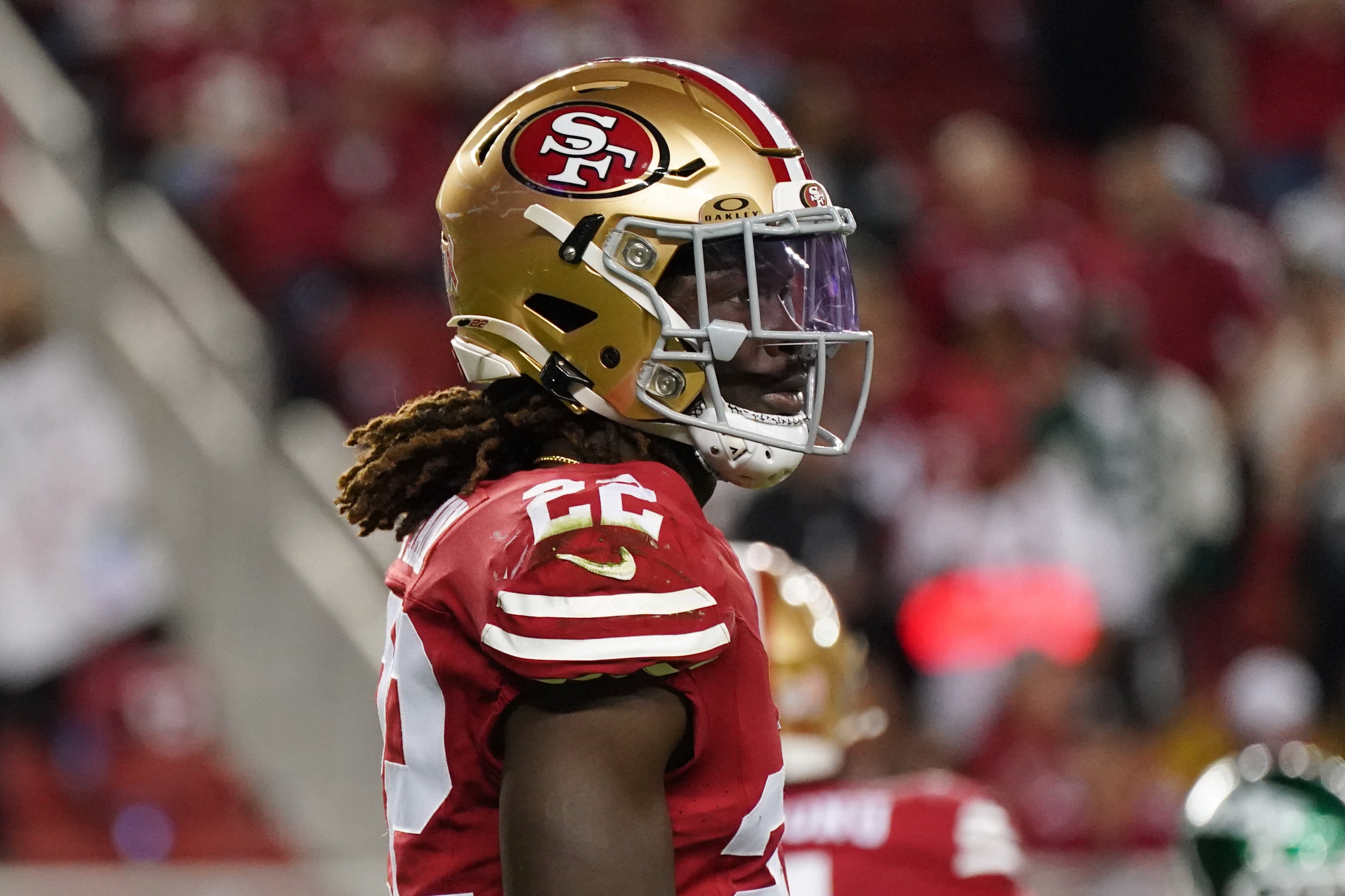 San Francisco 49ers cornerback Isaac Yiadom (22) looks to the sidelines in the fourth quarter against the New York Jets at Levi's Stadium.